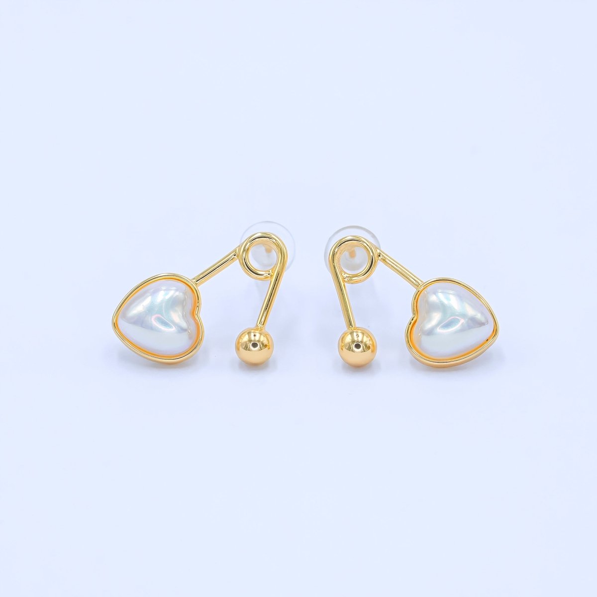 24K Gold Plated White Shell Pearl Heart Safety Pin Earrings Set in Gold & Silver | AB565 AB591 - DLUXCA