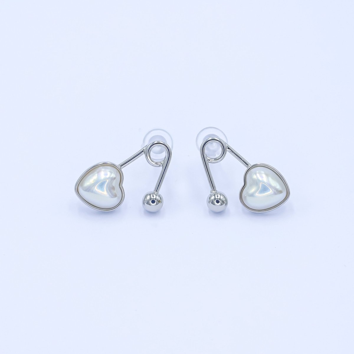 24K Gold Plated White Shell Pearl Heart Safety Pin Earrings Set in Gold & Silver | AB565 AB591 - DLUXCA