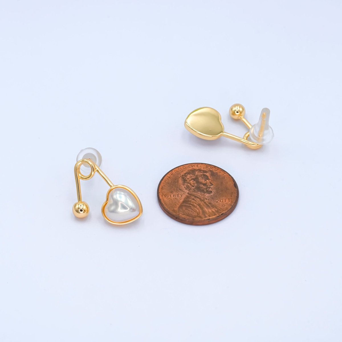 24K Gold Plated White Shell Pearl Heart Safety Pin Earrings Set in Gold & Silver | AB565 AB591 - DLUXCA