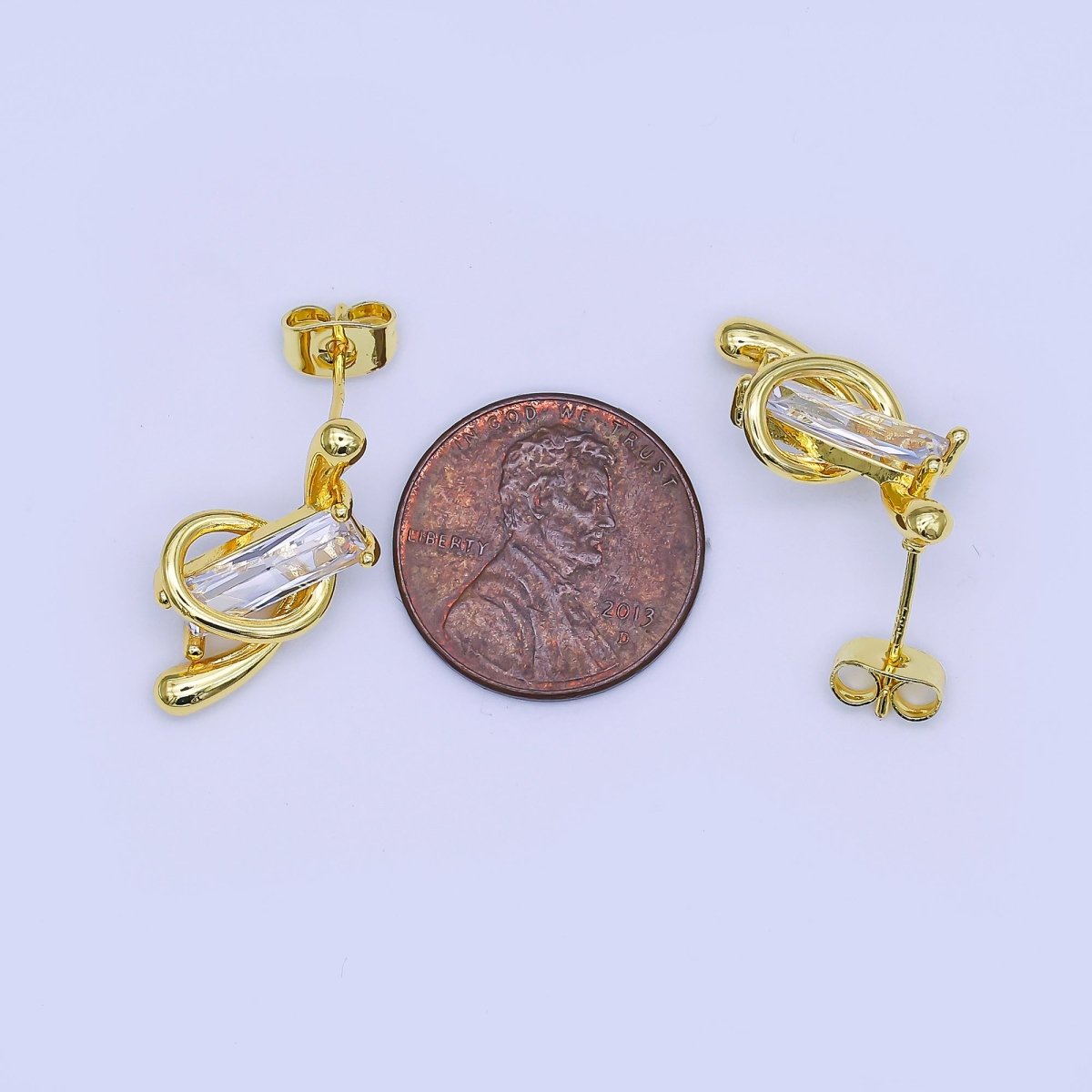 24K Gold Rectangular CZ Twirly Loop Centerpoint Stud Earrings | AI516 - DLUXCA