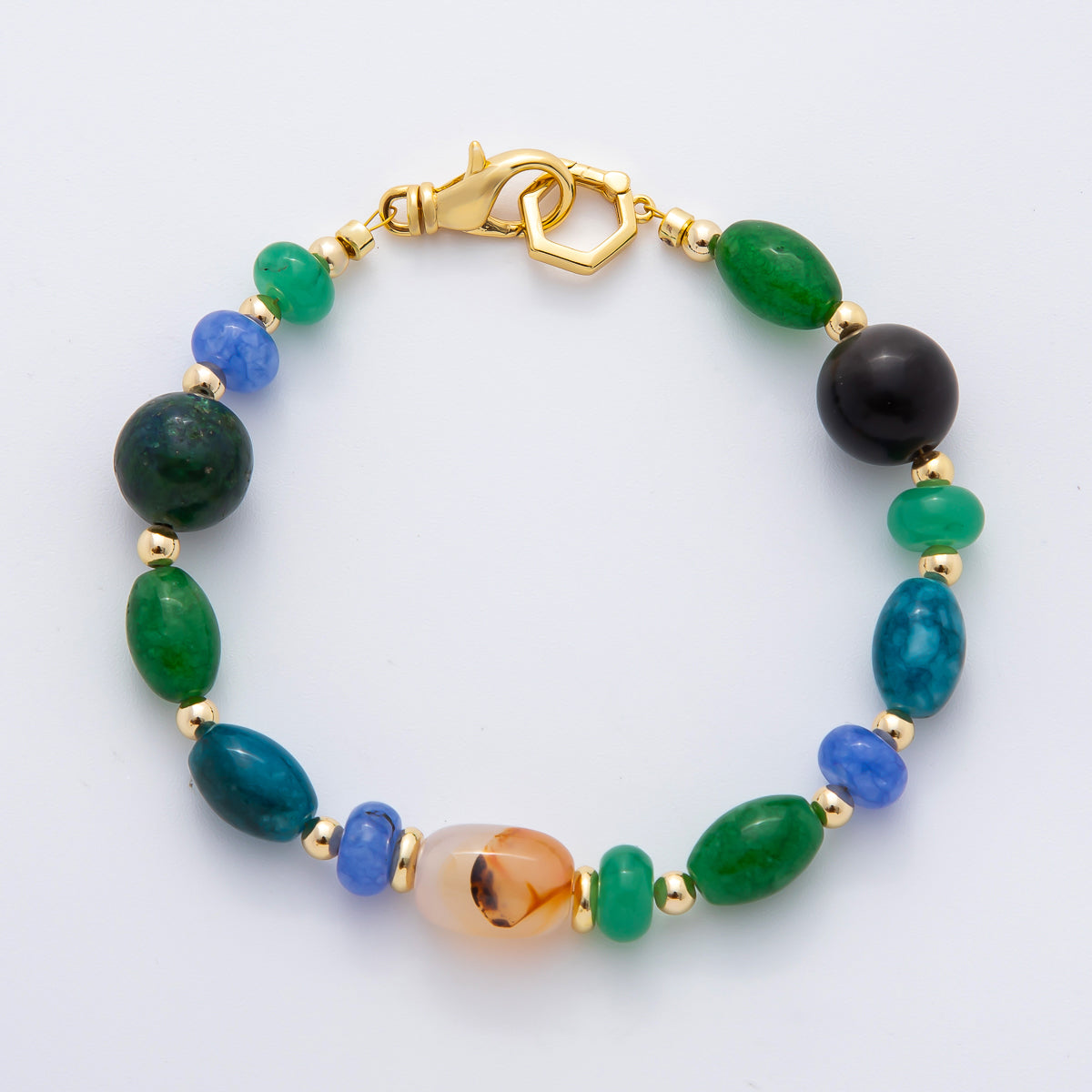 18K Gold Filled 3.8mm Multicolor Teal Agate Beaded Gemstone 8.7 Inch Bracelet | WA-03383