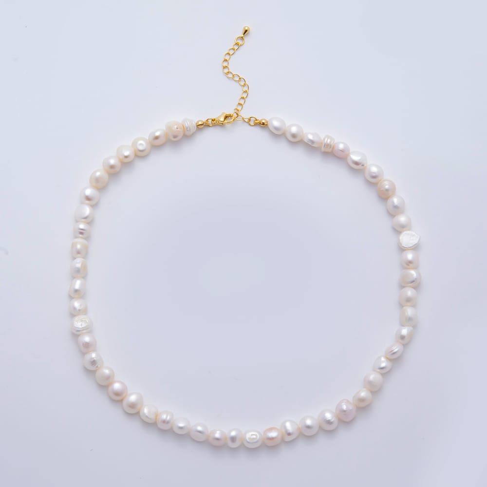 18K Gold Filled 8mm Bridal Genuine Ringed Freshwater Pearl Button Gemstone Chain 16.7 Inch Necklace | WA-03474