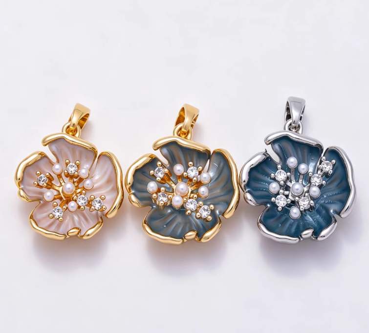 16K Gold Filled 18mm White Blue Enamel Shell Pearl Beaded Blooming Floral Pendant | Charms-01937 - Charms-01939