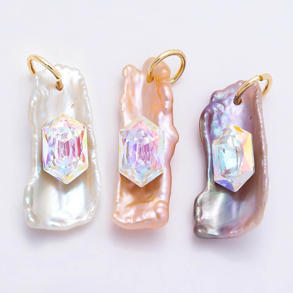 18K Gold Filled 30mm Hexagon CZ Biwa Baroque Freshwater Pearl Charm | Charms-00943 ~ Charms-00945