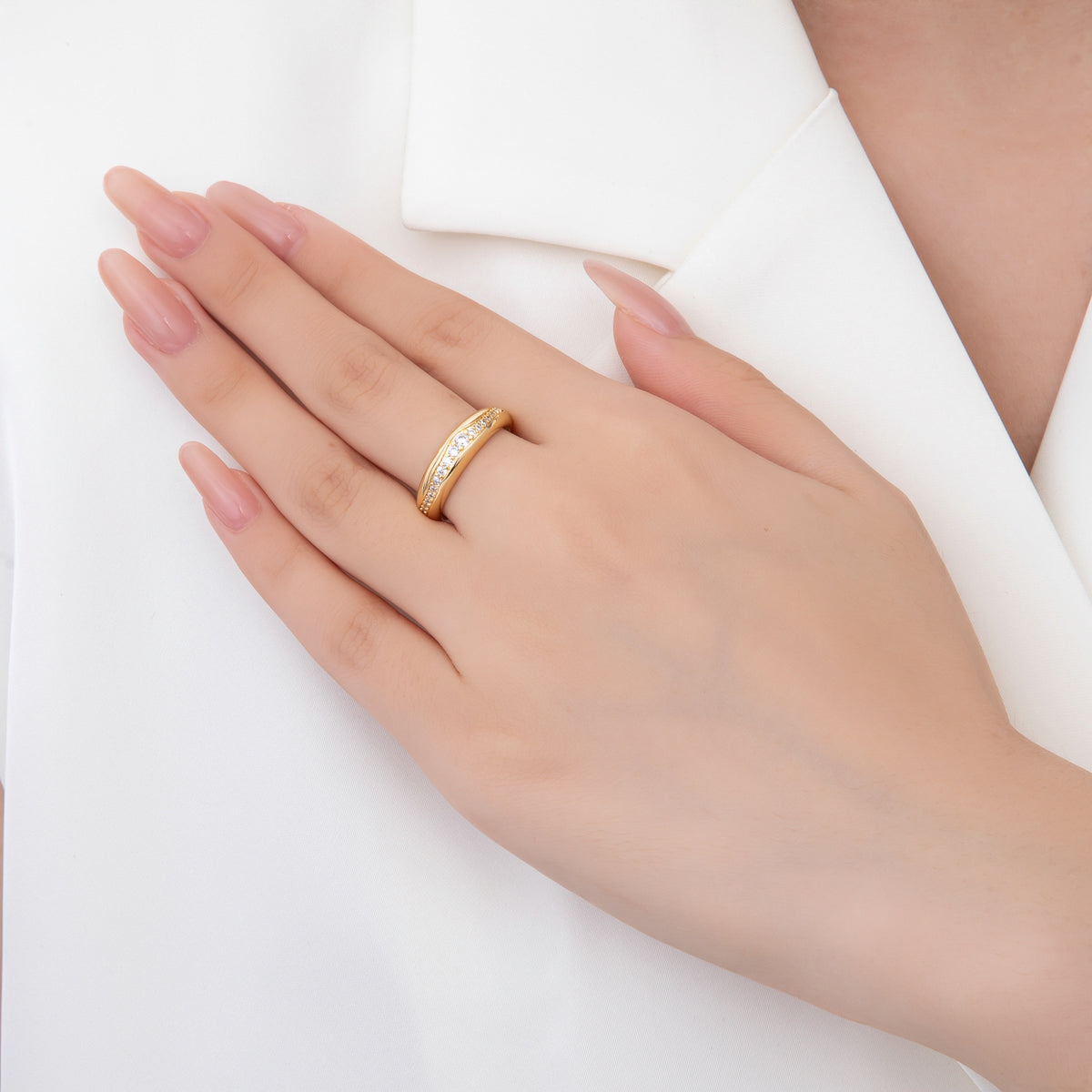 18K Gold Filled Micro Paved CZ Thin Adjustable Band Ring | O005