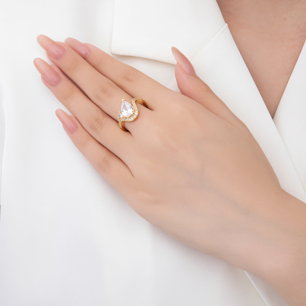 18K Gold Filled Clear, Pink Teardrop Micro Paved CZ Curved Solitaire Adjustable Ring | O00176
