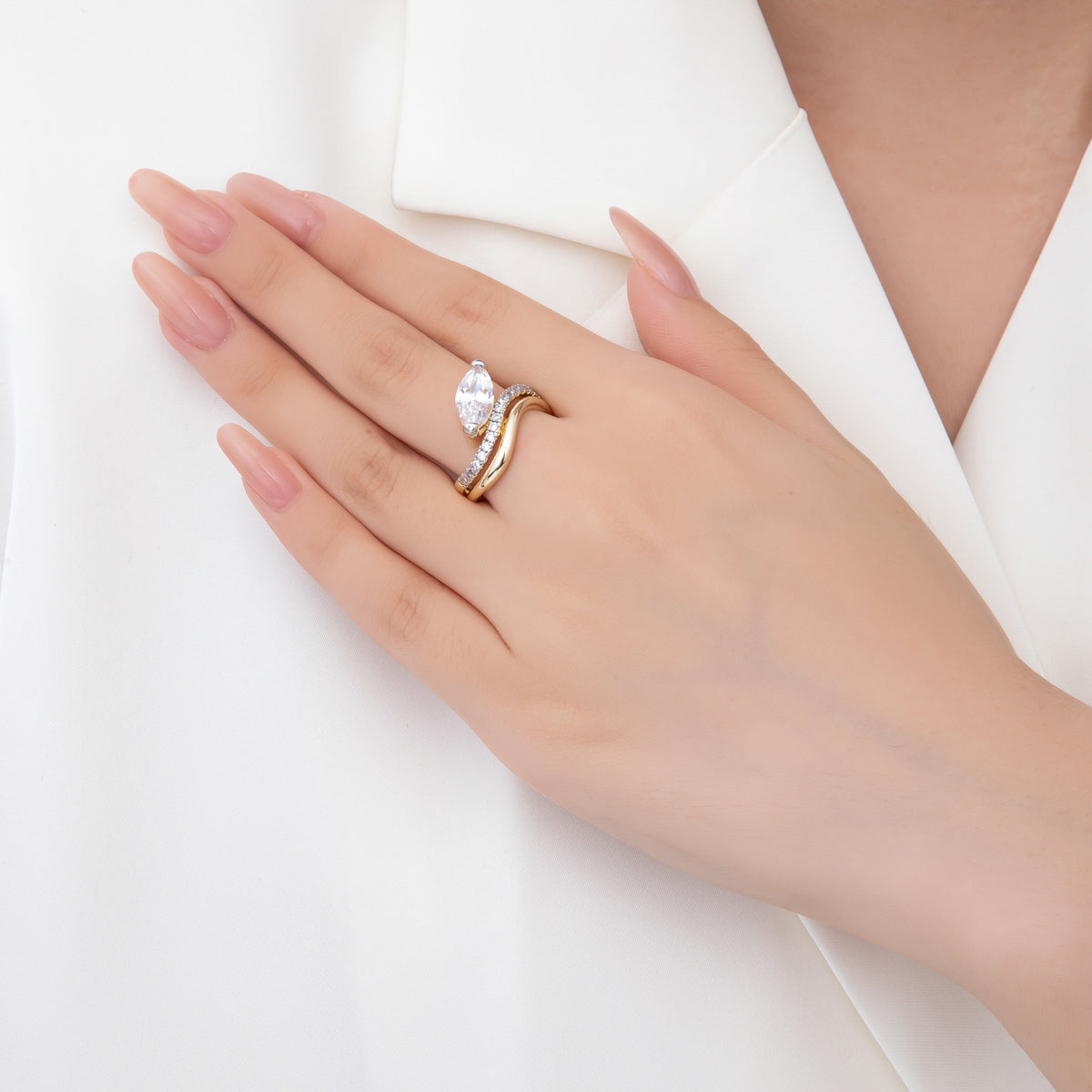 18K Gold Filled Clear Marquise Micro Paved CZ Wave Stacked Double Band Ring | O145