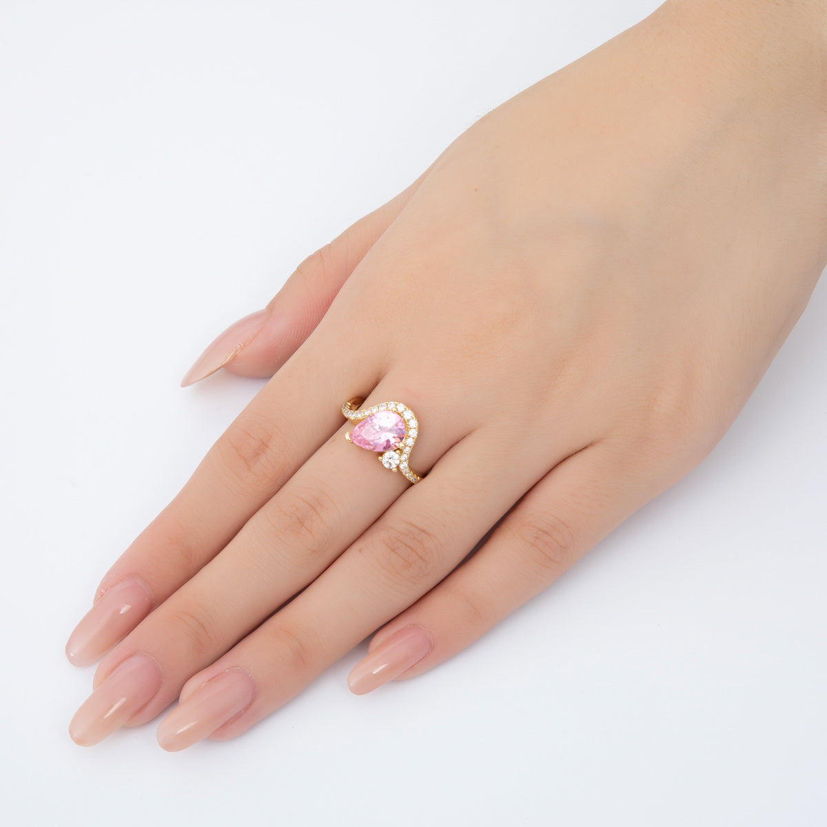 18K Gold Filled Clear, Pink Teardrop Micro Paved CZ Curved Solitaire Adjustable Ring | O00176