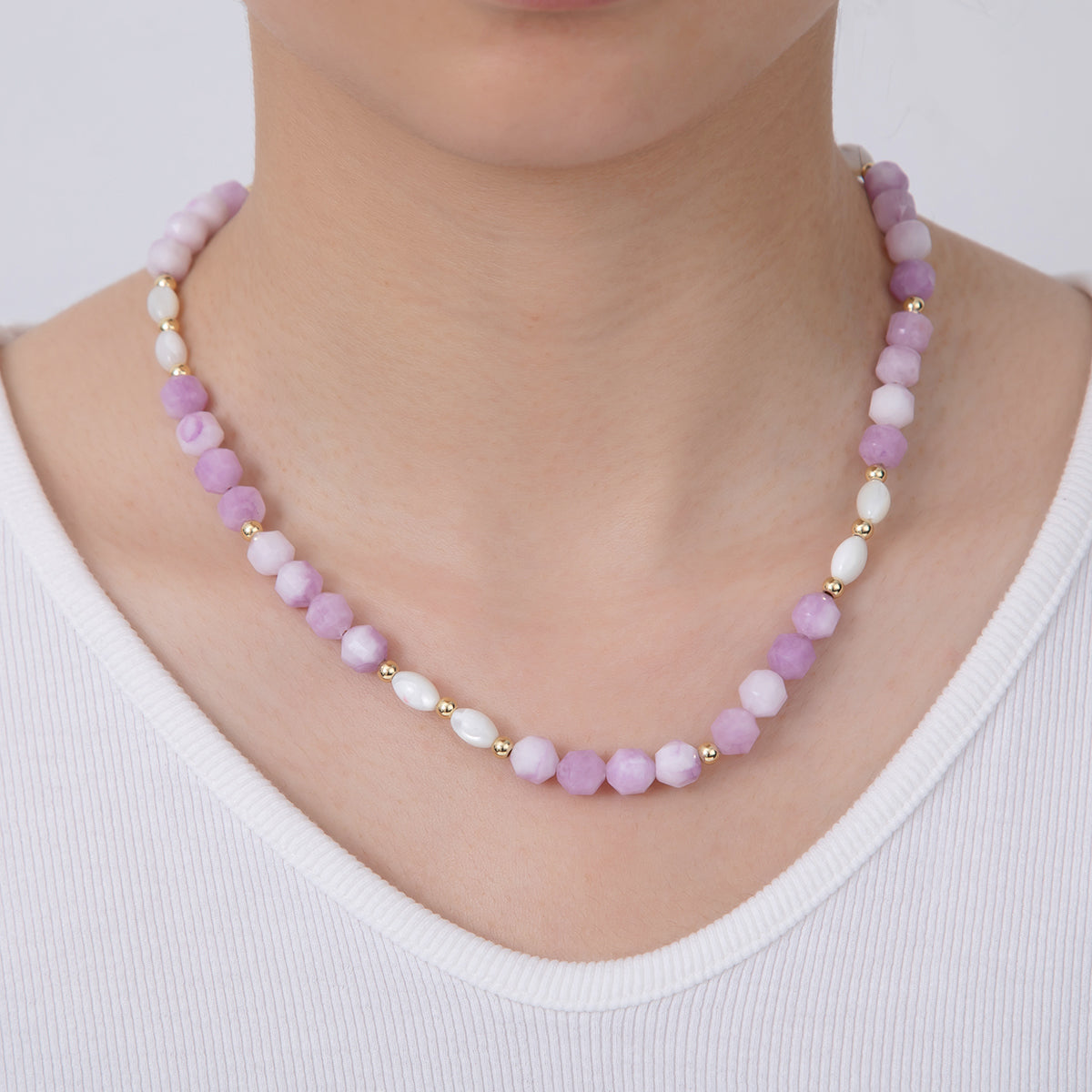 Handmade 18K Gold Filled Shell Pearl Amethyst Gemstone 17 Inch Necklace | WA-092