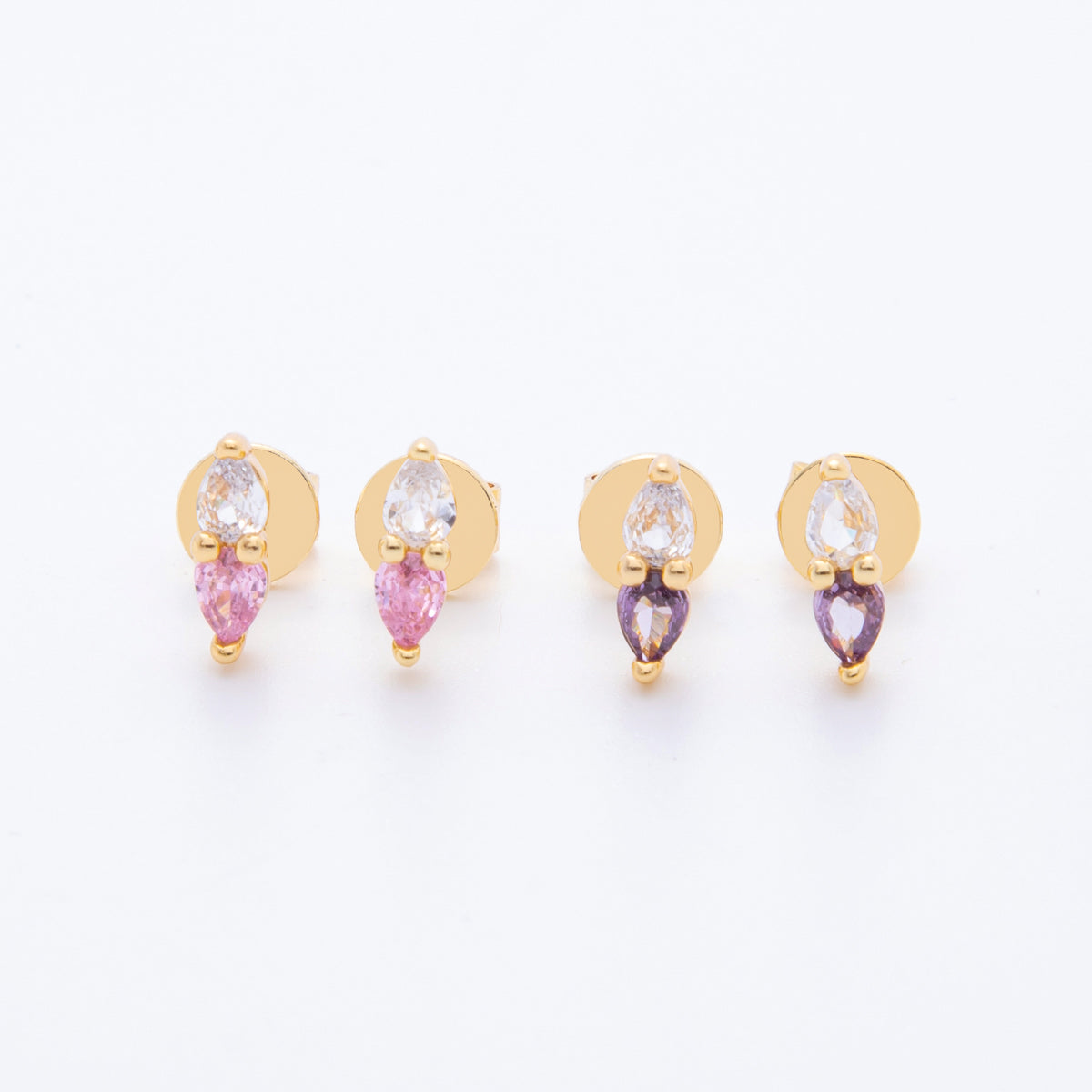 18K Gold Filled 9.5mm Pink, Purple CZ Twin Teardrop Linear Studs Earrings | AJ275 AJ276