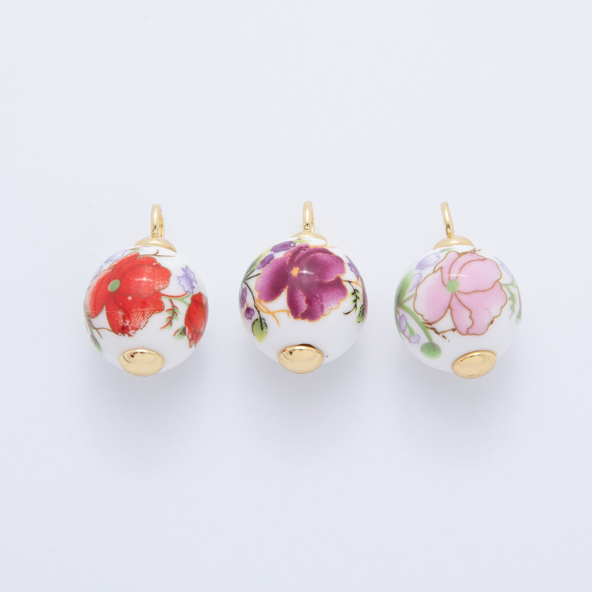 18K Gold Filled 21mm Pink, Purple, Red Violet Flower Round Ceramic Drop Pendant | AF700 AF701