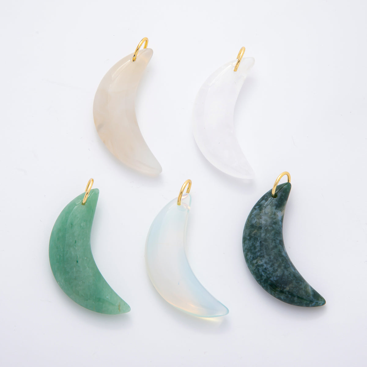 18k gold filled Crescent Moon Green aventurine, Agate, Opal, Quartz charm Big Celestial Pendant Charm | N-412