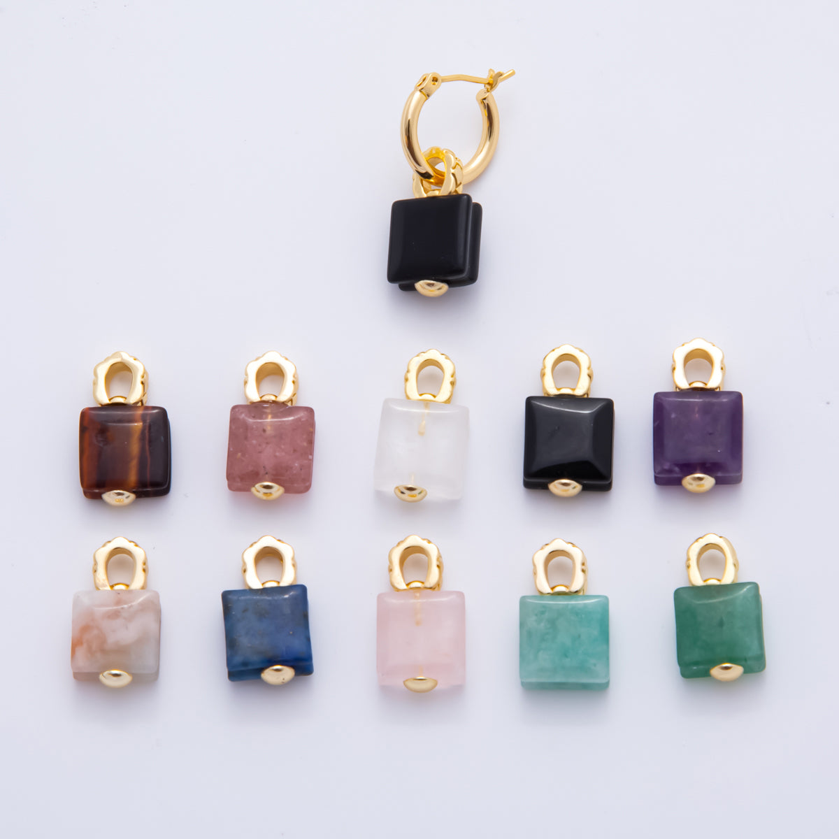 18K Gold Filled Natural Gemstone Square Quilted Drop Charm | AH819 - AH824