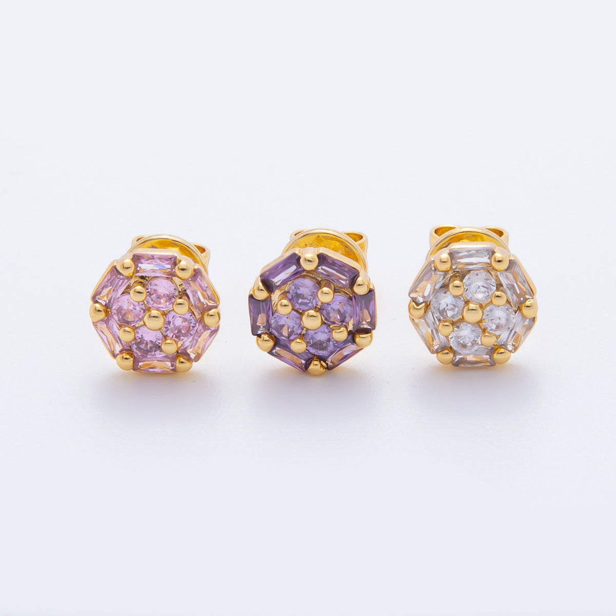 18K Gold Filled 8.8mm Clear, Purple, Pink Micro Paved CZ Baguette Round Stud Earrings | AJ274 AJ204 AJ206