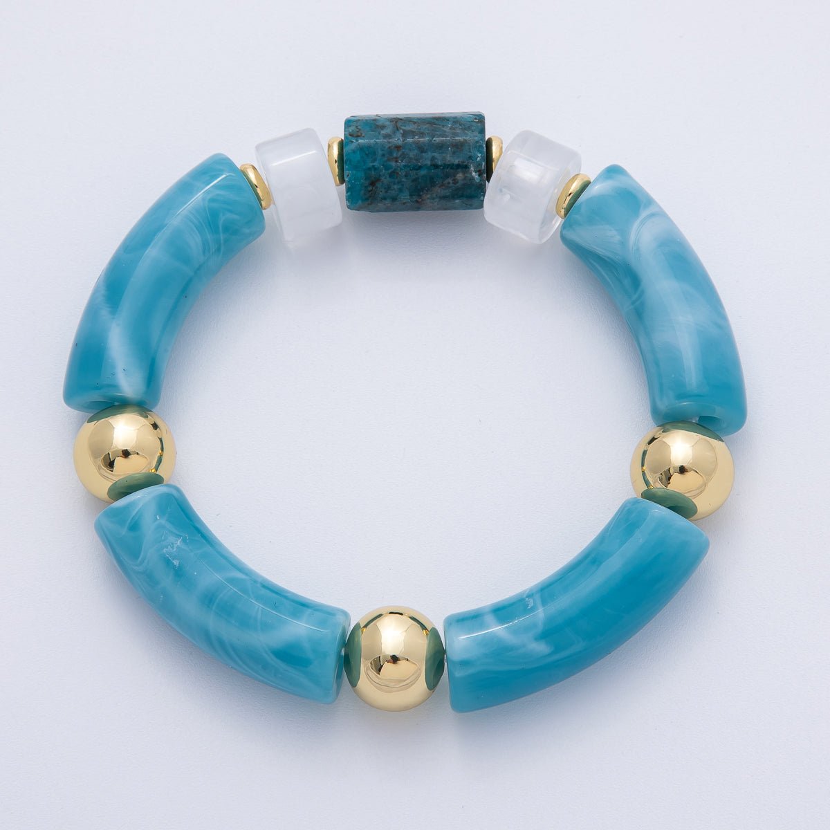 6mm Blue Aquamarine Gemstone Tube Round Ball Bead Stretch Bracelet | WA - 4138 - DLUXCA