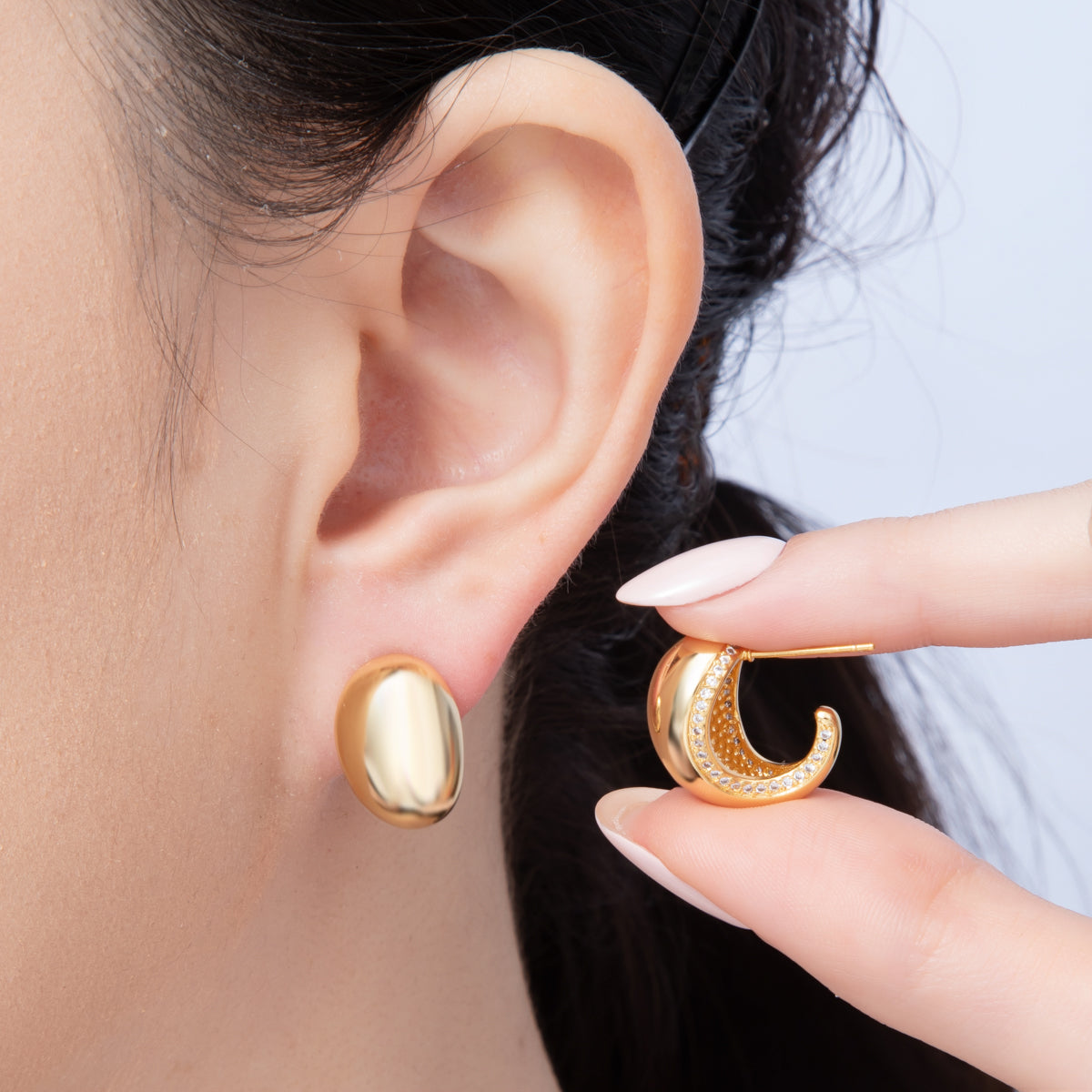 18K Gold Filled 17.5mm Teardrop Micro Paved CZ Dome J-Shaped Hoop Earrings | T009