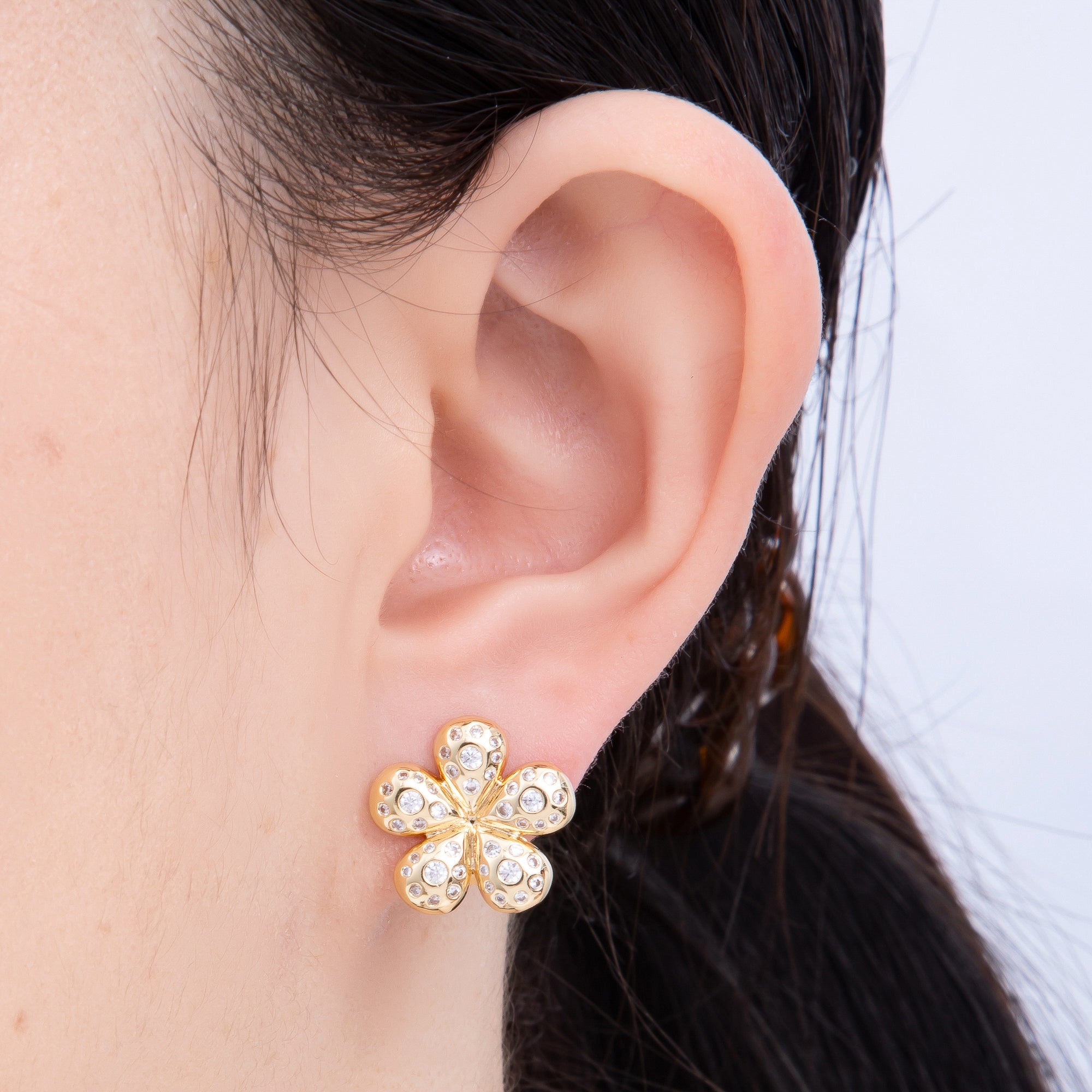 16K Gold Filled Clear CZ Dotted Chubby Flower Stud Earring | Earrings-00293