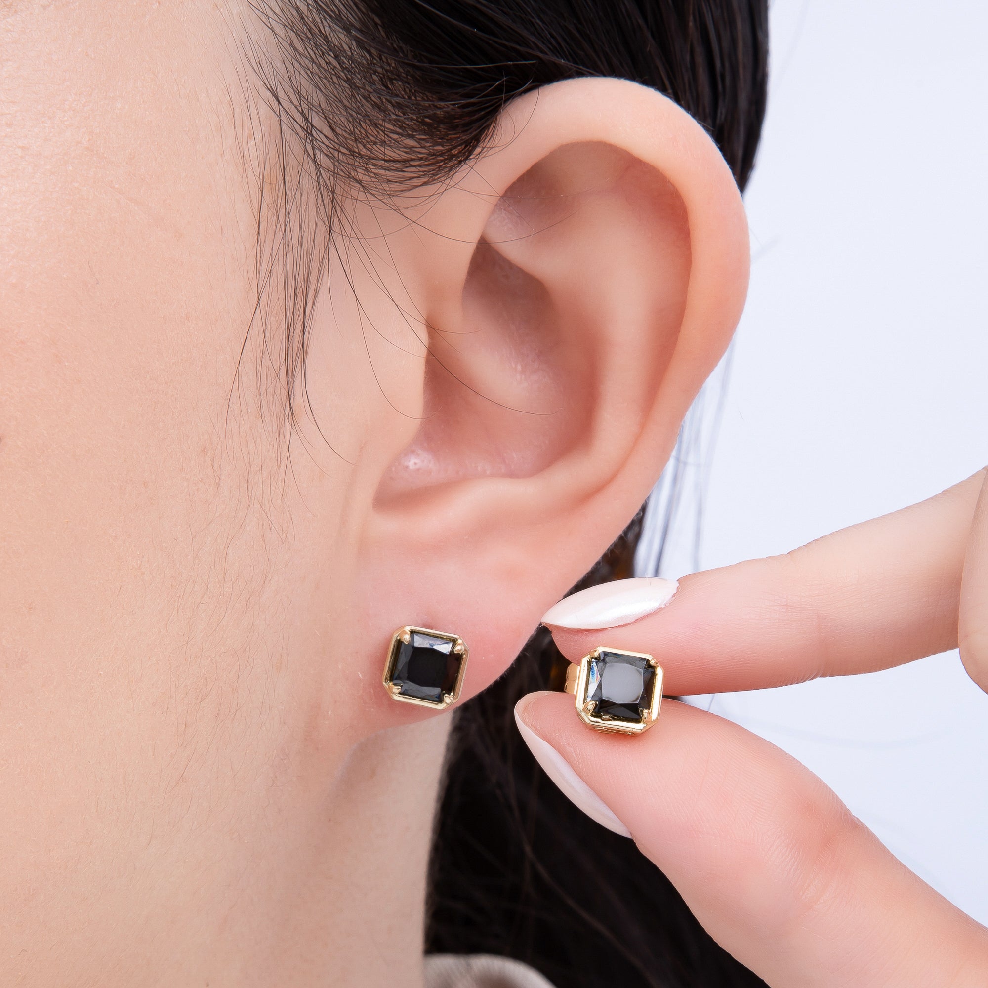 14K Gold Filled 7.5mm Black Baguette Square CZ Bezel Stud Earrings | Earrings-00279