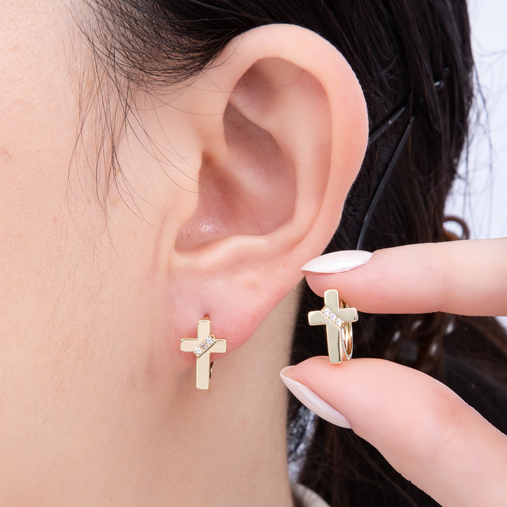 14K Gold Filled 13mm Micro Paved CZ Minimalist Cross Cartilage Huggie | Earrings-00258