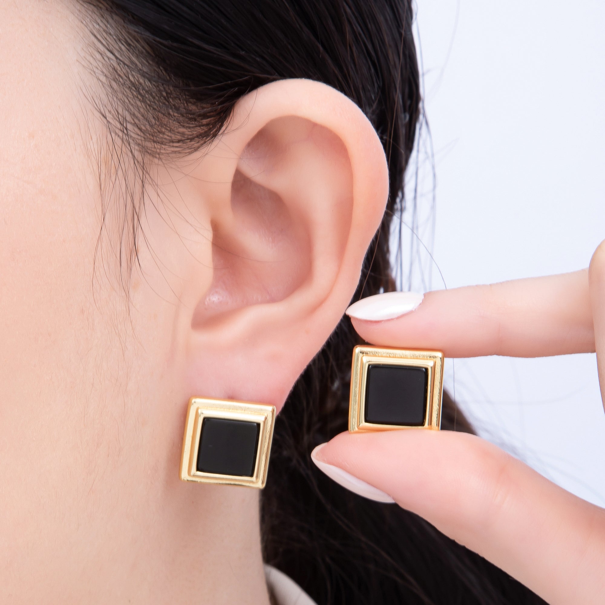 16K Gold Filled Black Bezel Square Stud Earrings | Earrings-00262
