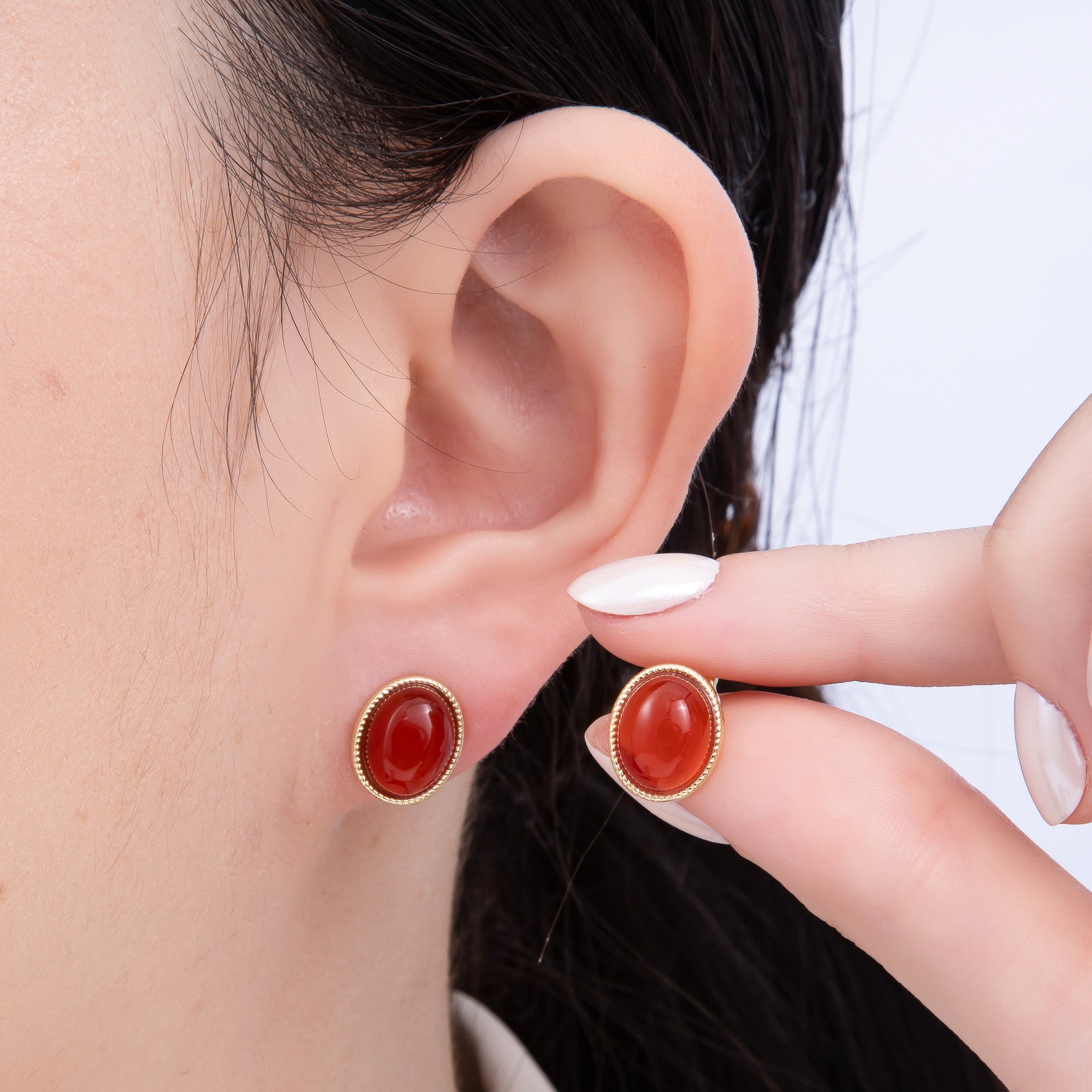 16K Gold Filled 12mm Amazonite, Carnelian, Green Agate, Labradorite Oval Gemstone Bezel Stud Earrings | EARRINGS-00234 - EARRINGS-00237