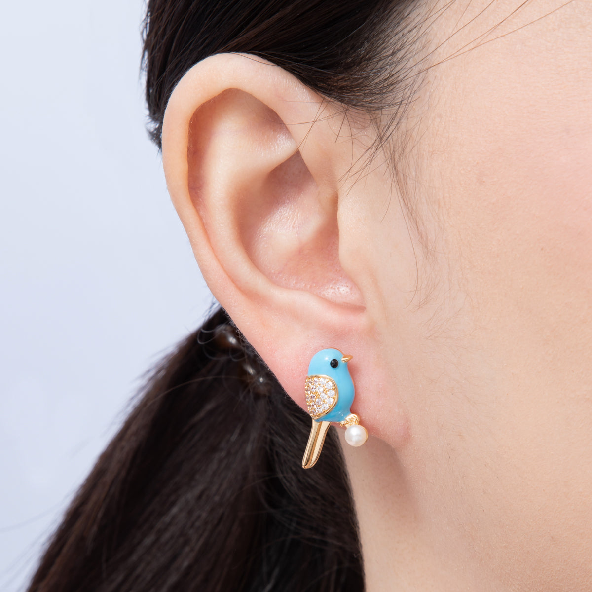 14K Gold Filled 21.5mm Blue Enamel Micro Paved CZ Parrot Bird Stud Earrings | EARRINGS-00013
