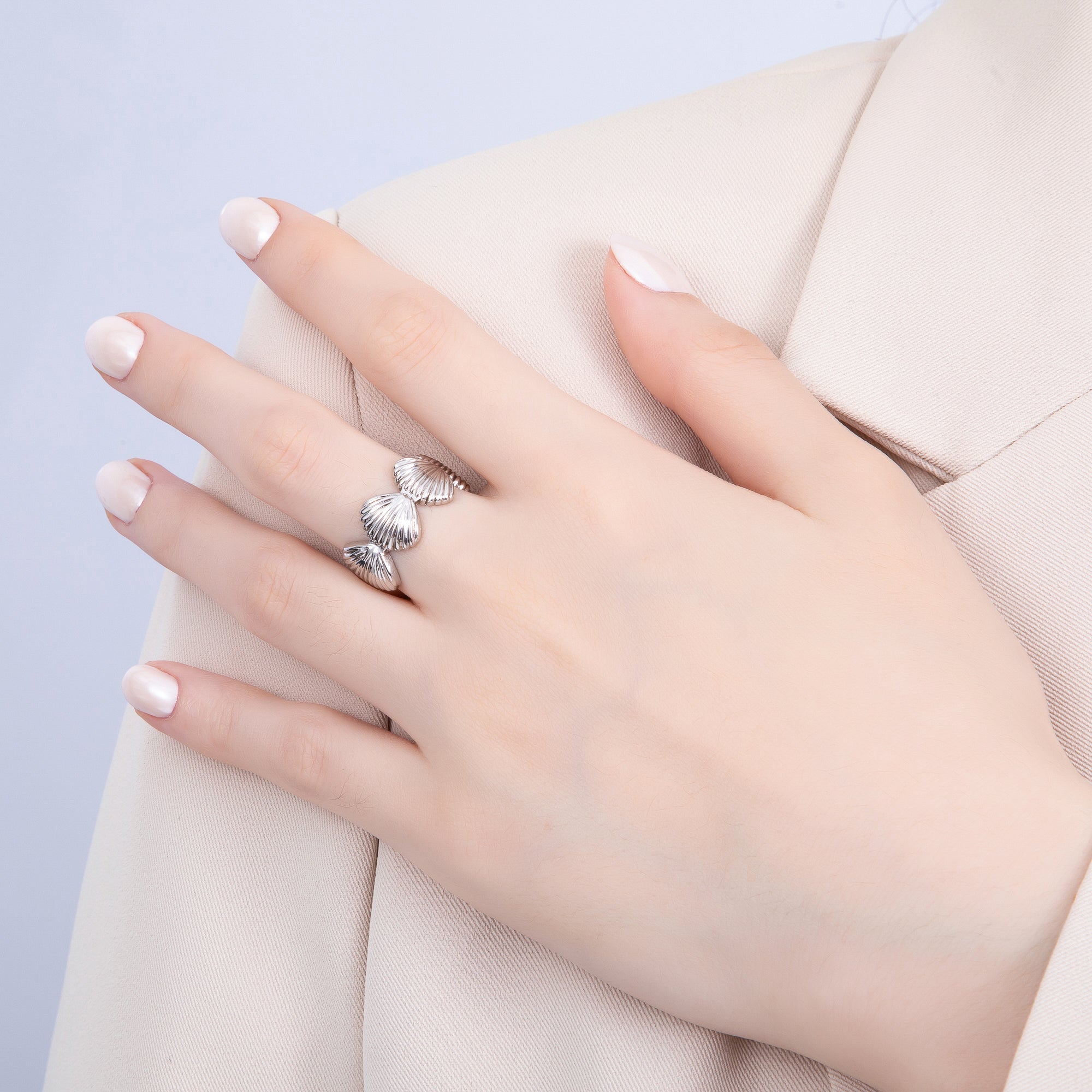 24K Gold Filled Ribbed Sea Clam Shell Adjustable Wide Ring in Gold & Silver | O1462 Rings-00059