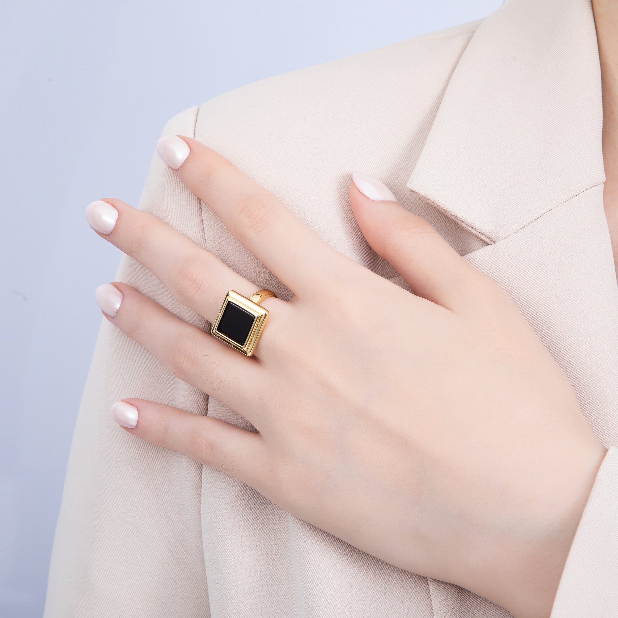 16K Gold Filled Black Bezel Square Solitaire Ring | Rings-00060