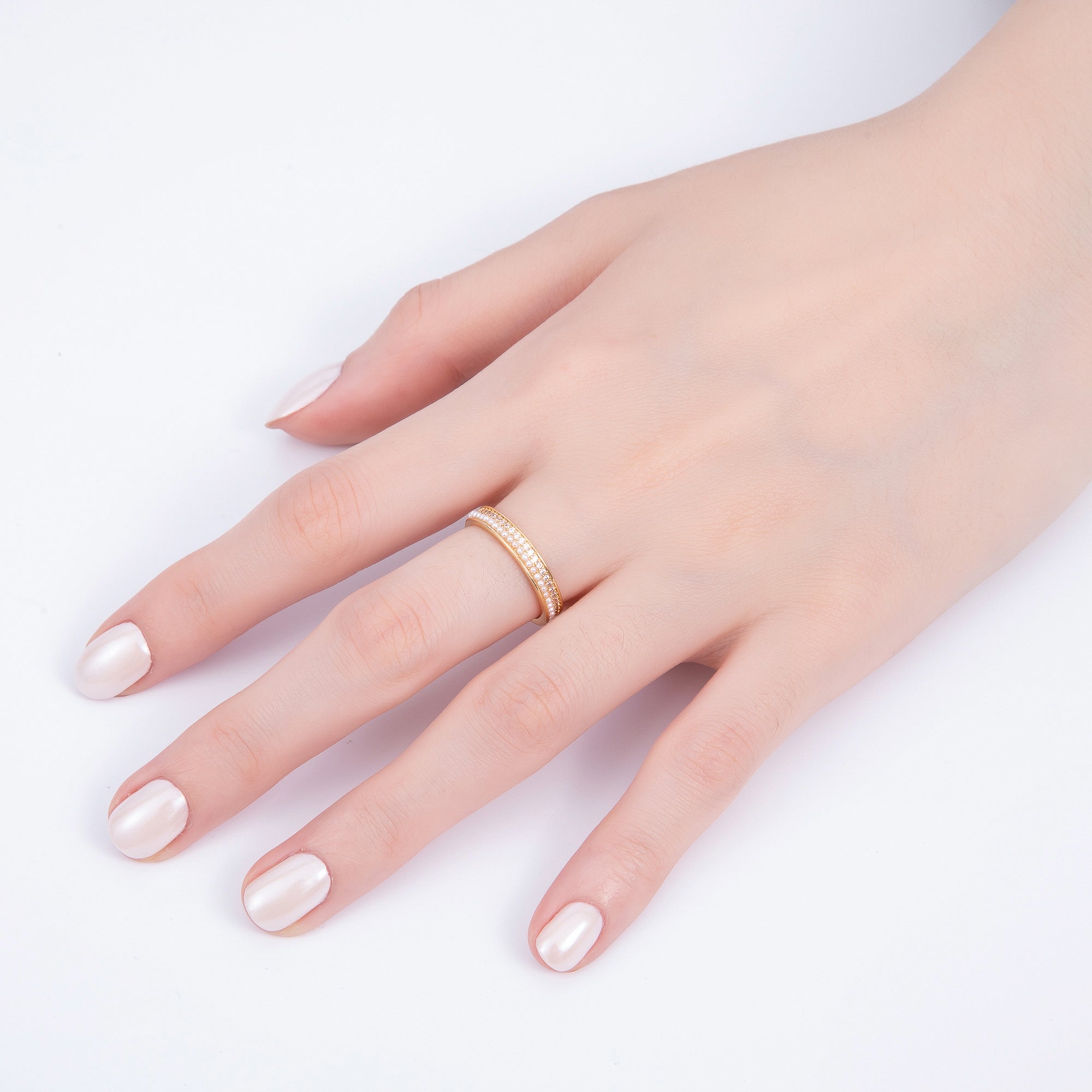 16K Gold Filled Shell Pearl Micro Paved CZ Double Lined Ring | Rings-00063