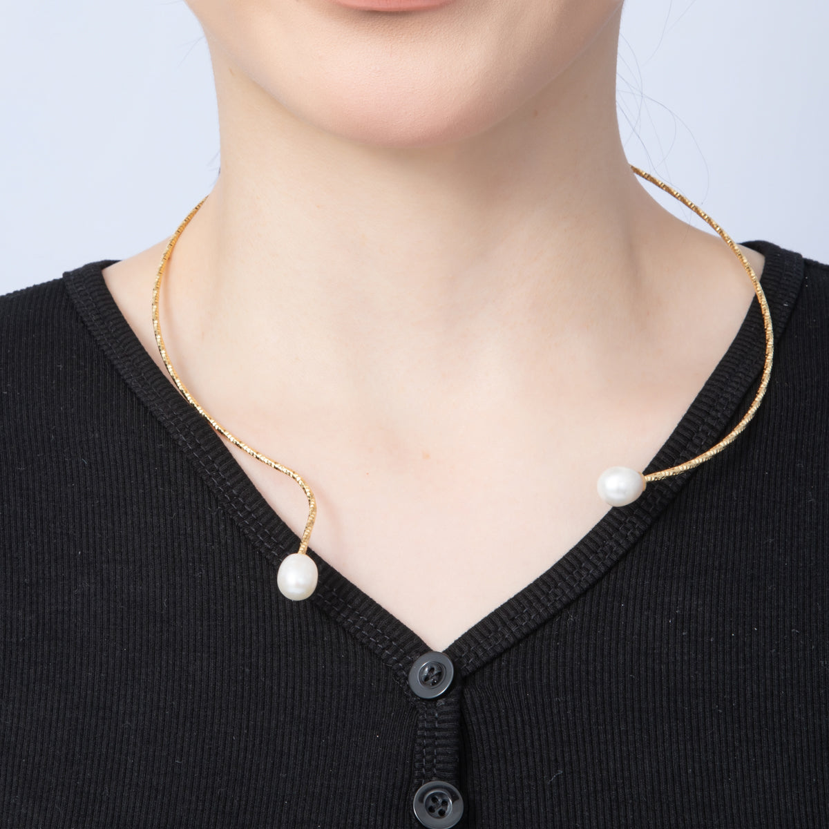 18K Gold Filled Shell Pearl Drop Geometric Edged Collar Necklace | WA-3999
