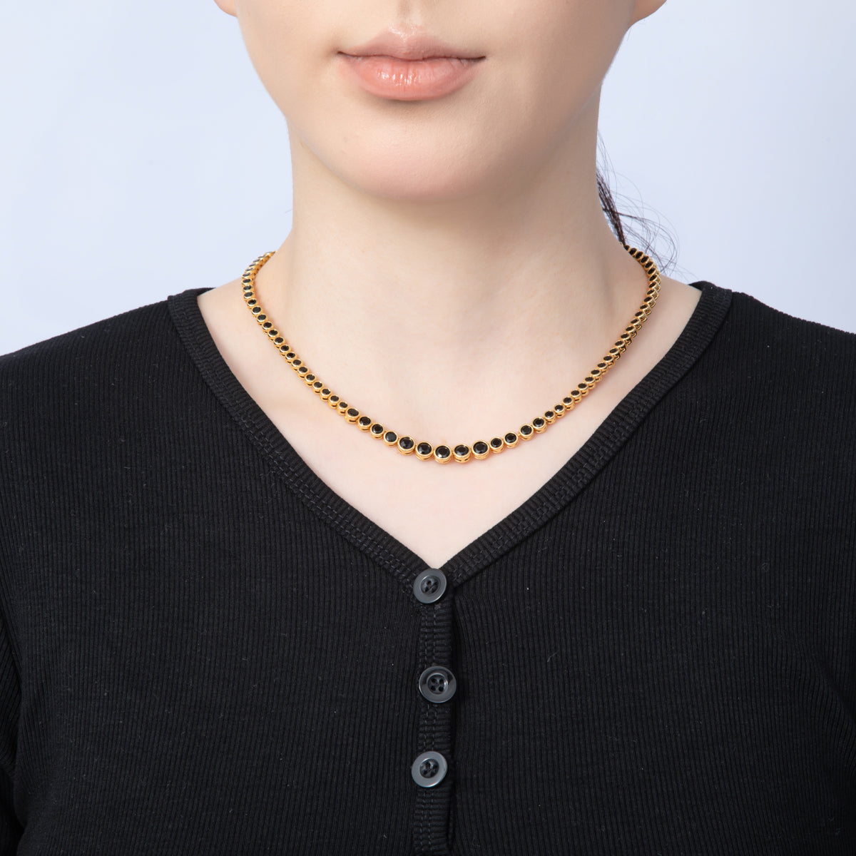 18K Gold Filled 6mm Black CZ Round Bezel Gradient Tennis Chain 16 Inch Adjustable Necklace | WA-4058