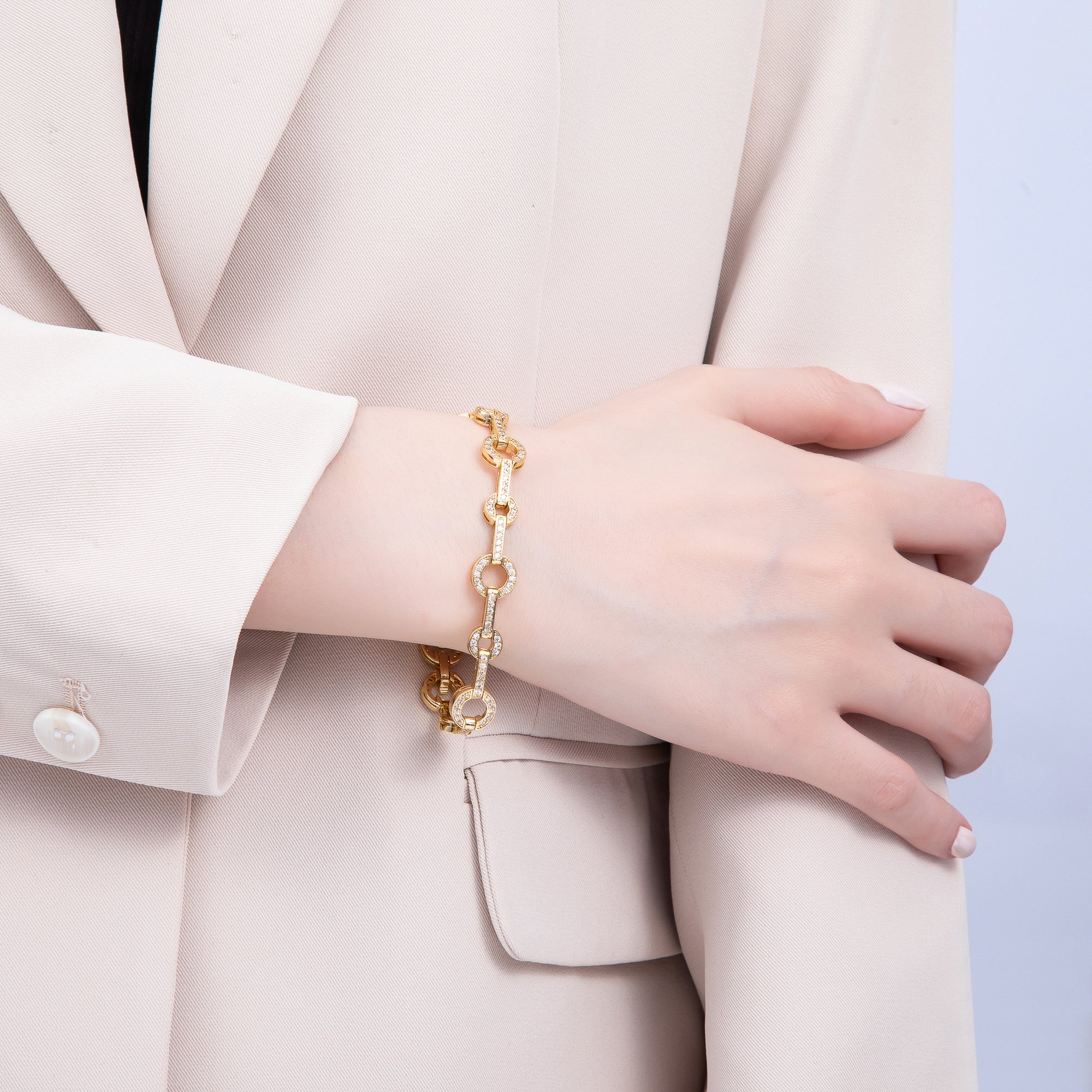 16K Gold Filled 10mm Micro Paved CZ Rolo Chain 7 Inch Adjustable Bracelet | WA-04046