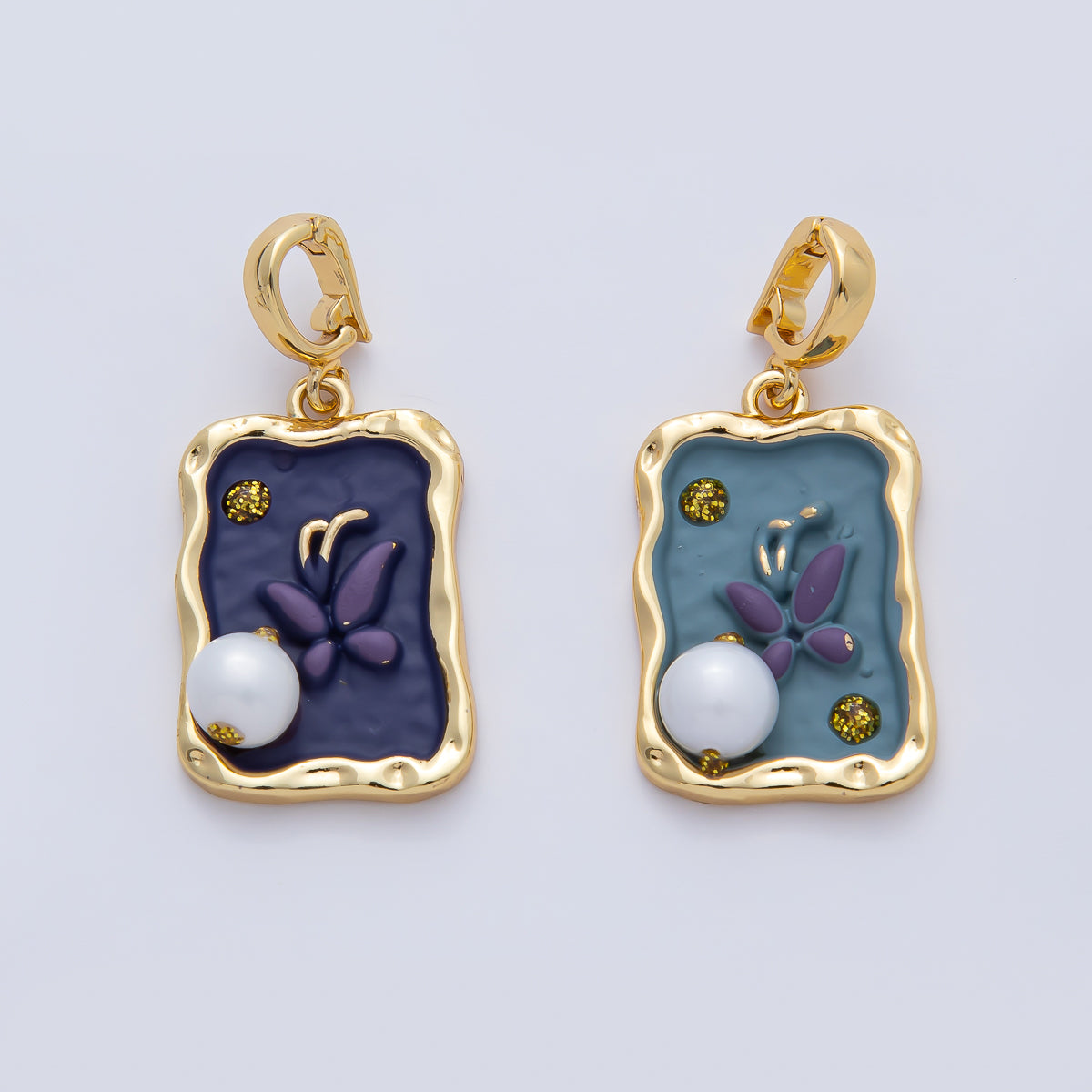18K Gold Filled 25mm Blue and Purple Enamel Butterfly Mariposa Animals with White Shell Pearl Pendant Charm | AF1193
