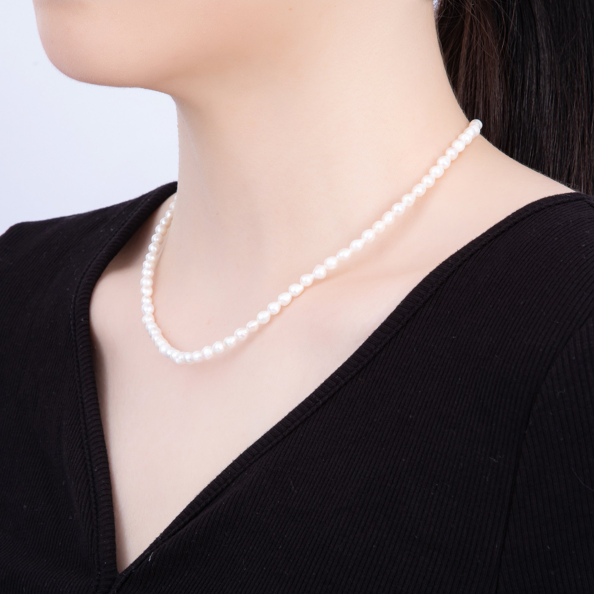 18K Gold Filled 4.5mm White Beige Round Button Freshwater Pearl 15.62 Inch Necklace | WA-04262