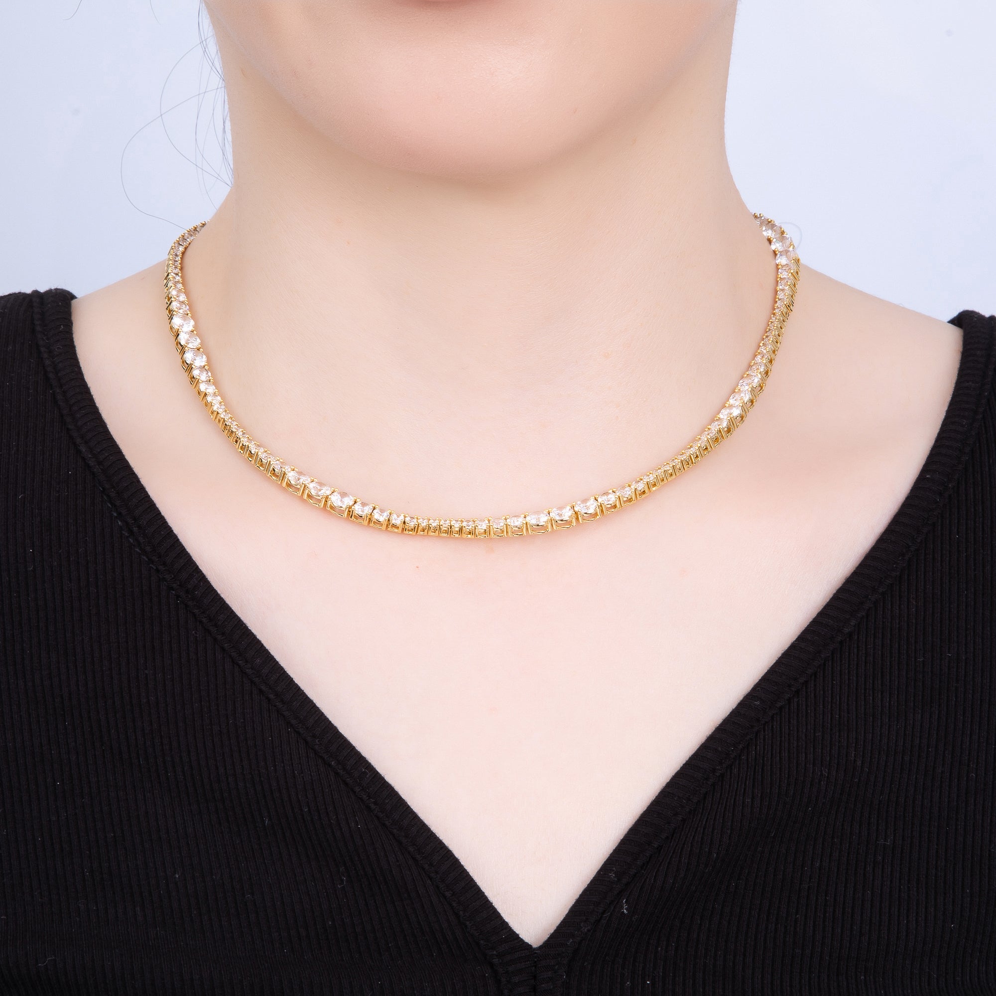 16K Gold Filled 5mm Clear Round CZ Graduated Tennis Chain 16.5 Inch Necklace | WA-04249