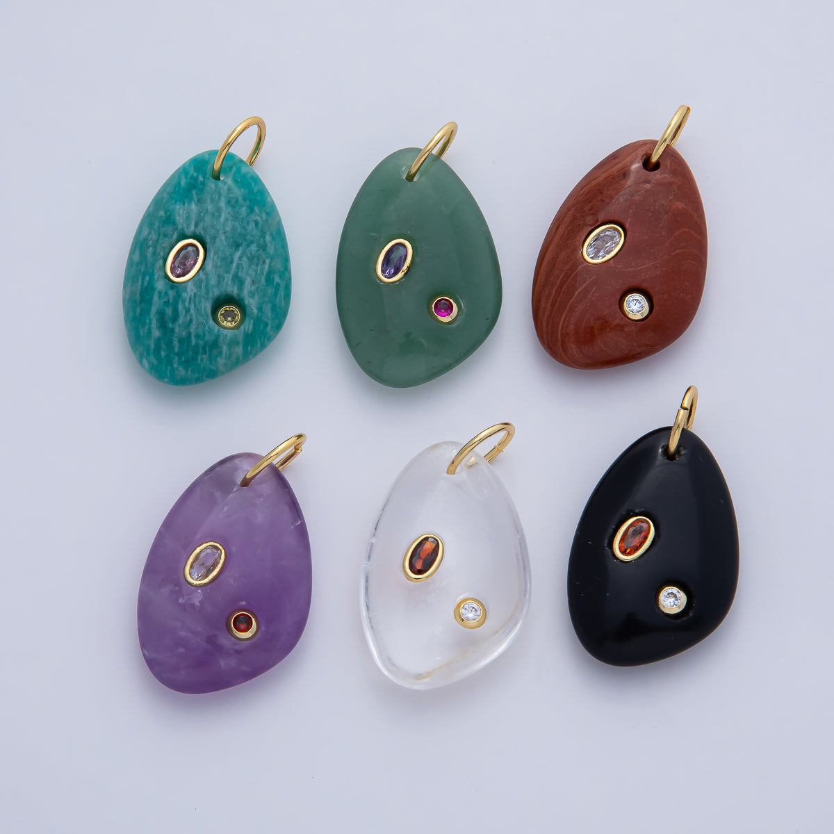 18K Gold Filled 30mm Aventurine, Amethyst, Amazonite, Carnelian, Onyx, Clear Quartz Multicolor CZ Embedded Gemstone Charm | AF1487 - AF1489