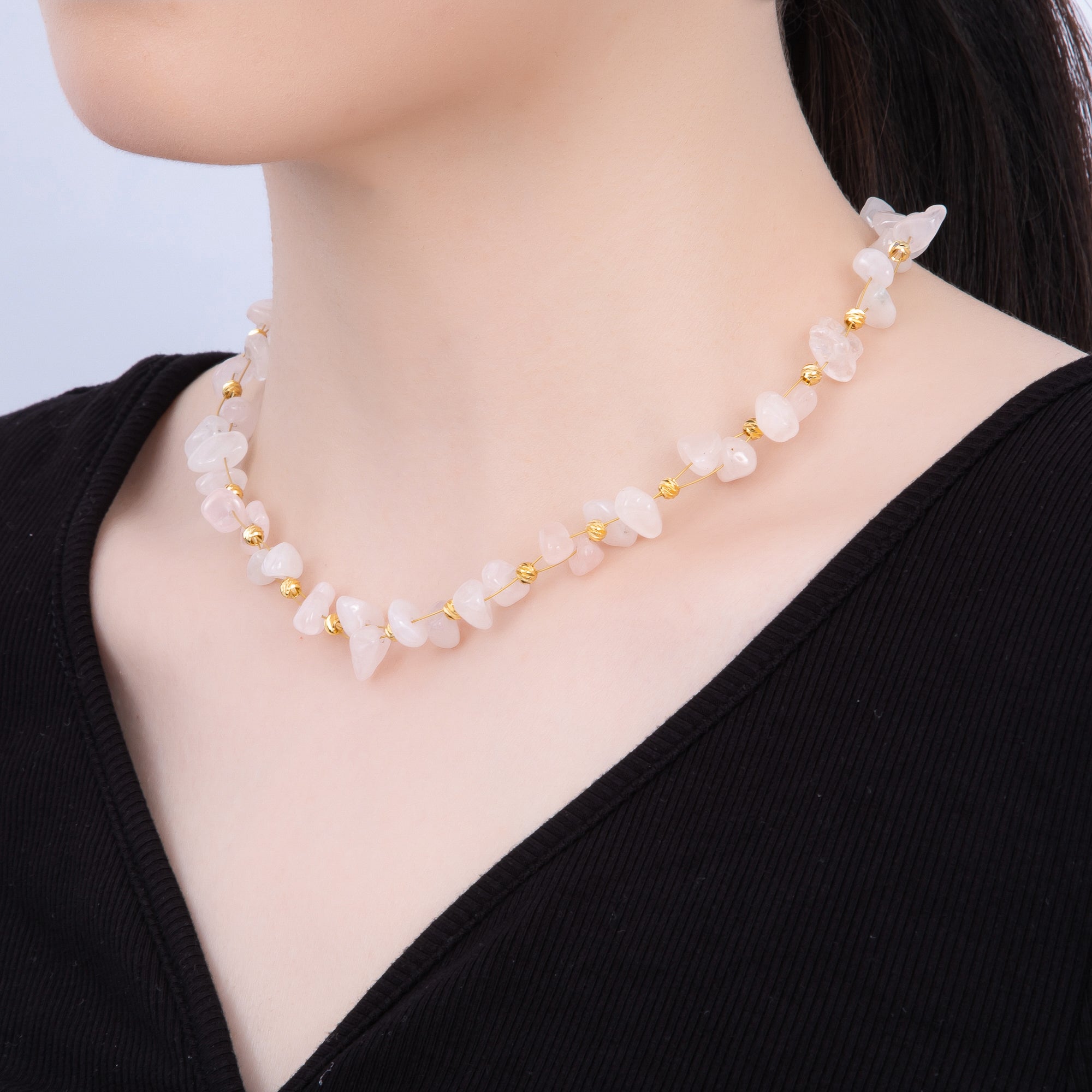 18K Gold Filled 4mm Pebble Chip Natural Gemstone Ball Bead Chain 17 Inch Necklace w. Extender | WA-04413 ~ WA-04416