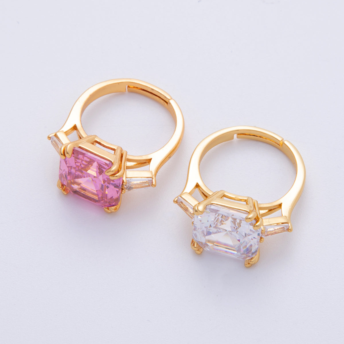 18K Gold Filled Pink, Clear CZ Baguette Square Solitaire Adjustable Ring | O811
