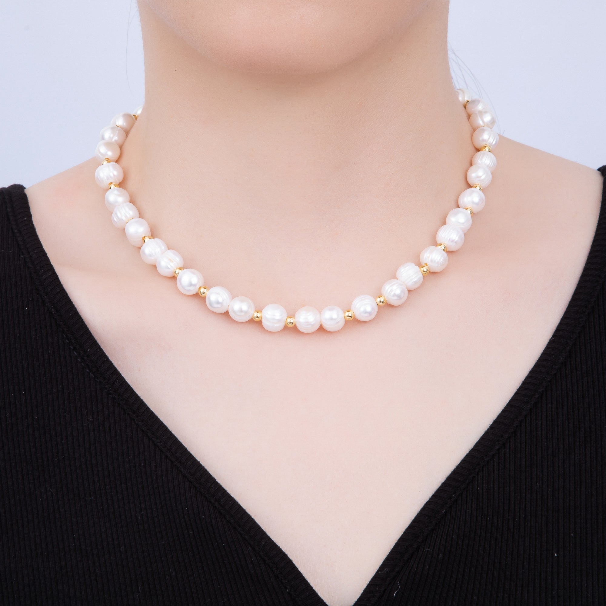 16K Gold Filled 4mm Ribbed Round Freshwater Pearl Bead 17 Inch Necklace | WA-04301