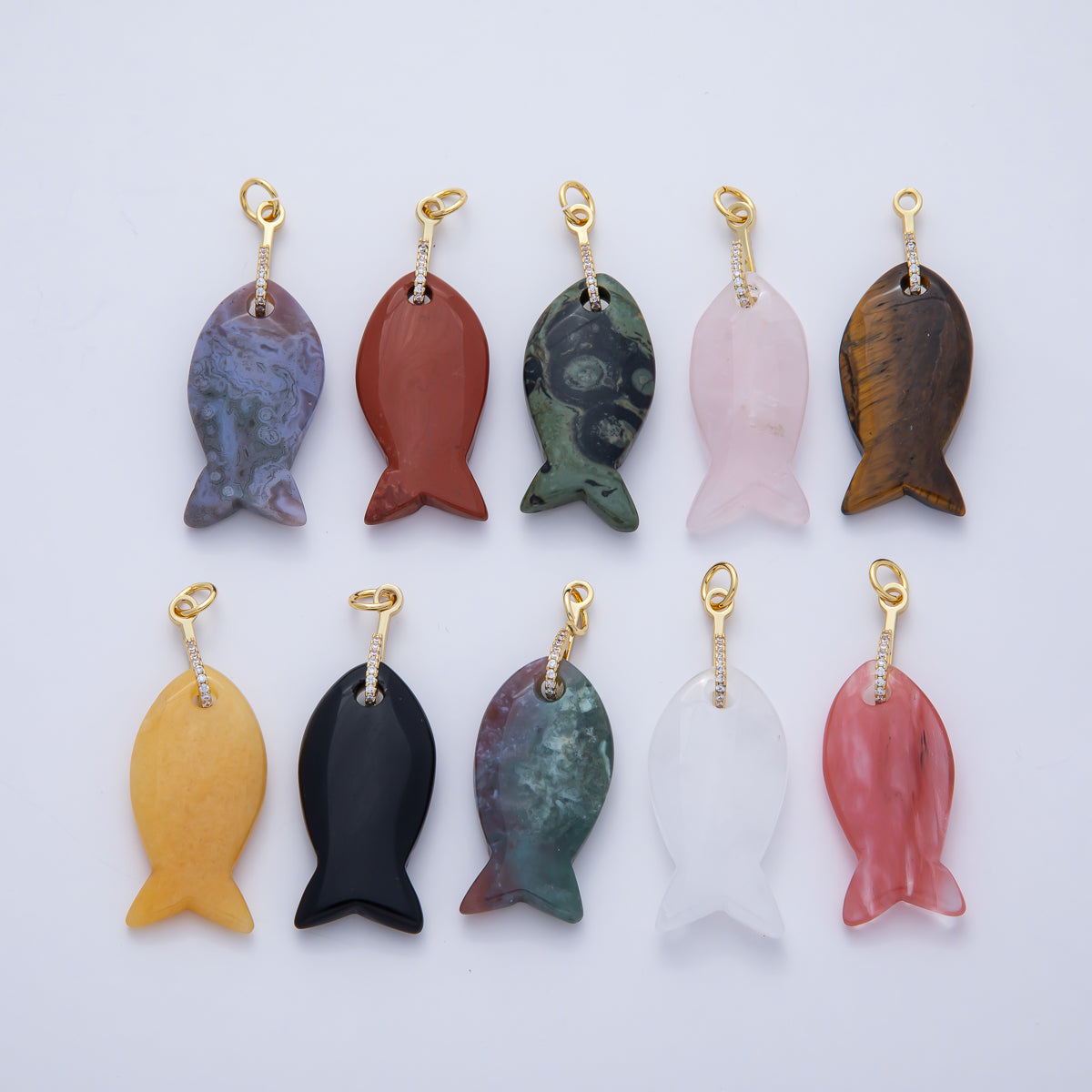 18K Gold Filled 51mm Quartz, Agate, Jasper, Topas Gemstone Fish Charm with CZ Charm | AK001