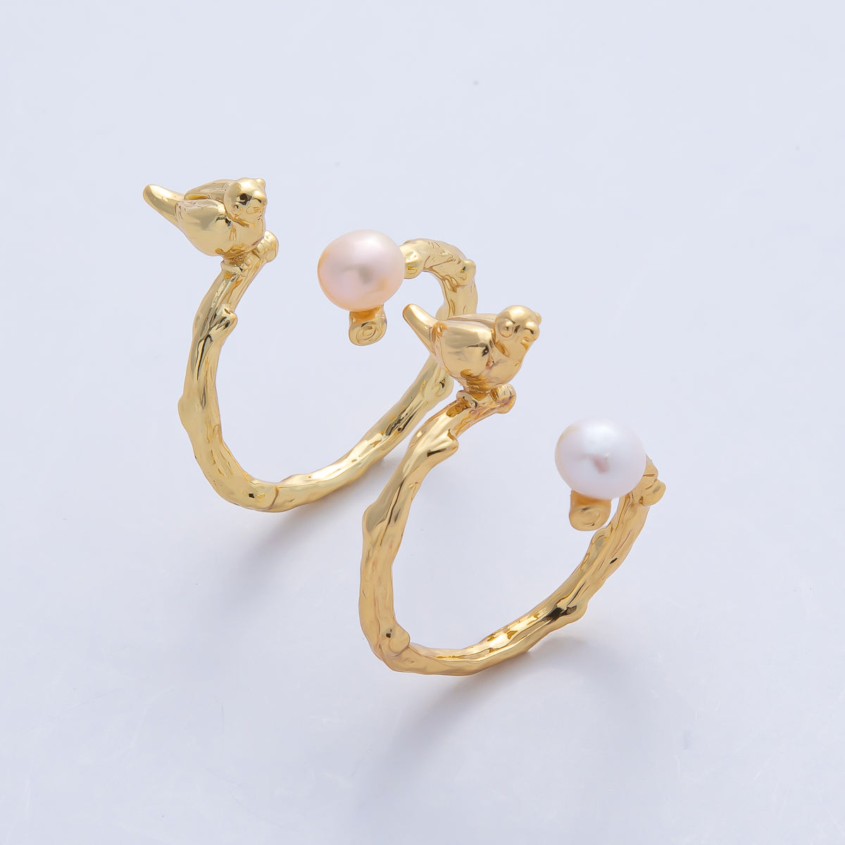 18K Gold Filled Bird on a Branch with Champagne and White Shell Pearl Nature Inspired Animal Adjustable Ring | O798