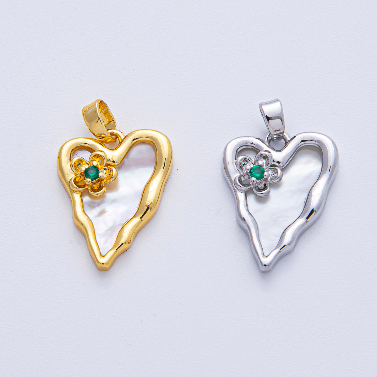 18K Gold Filled 20mm Green CZ Flower Shell Pearl Molten Heart Pendant in Gold & Silver | AF1204