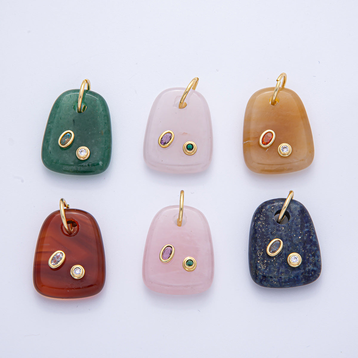 18K Gold Filled 29mm Multicolor CZ Embedded Natural Gemstone Rectangular Charm | AK055 - AK057