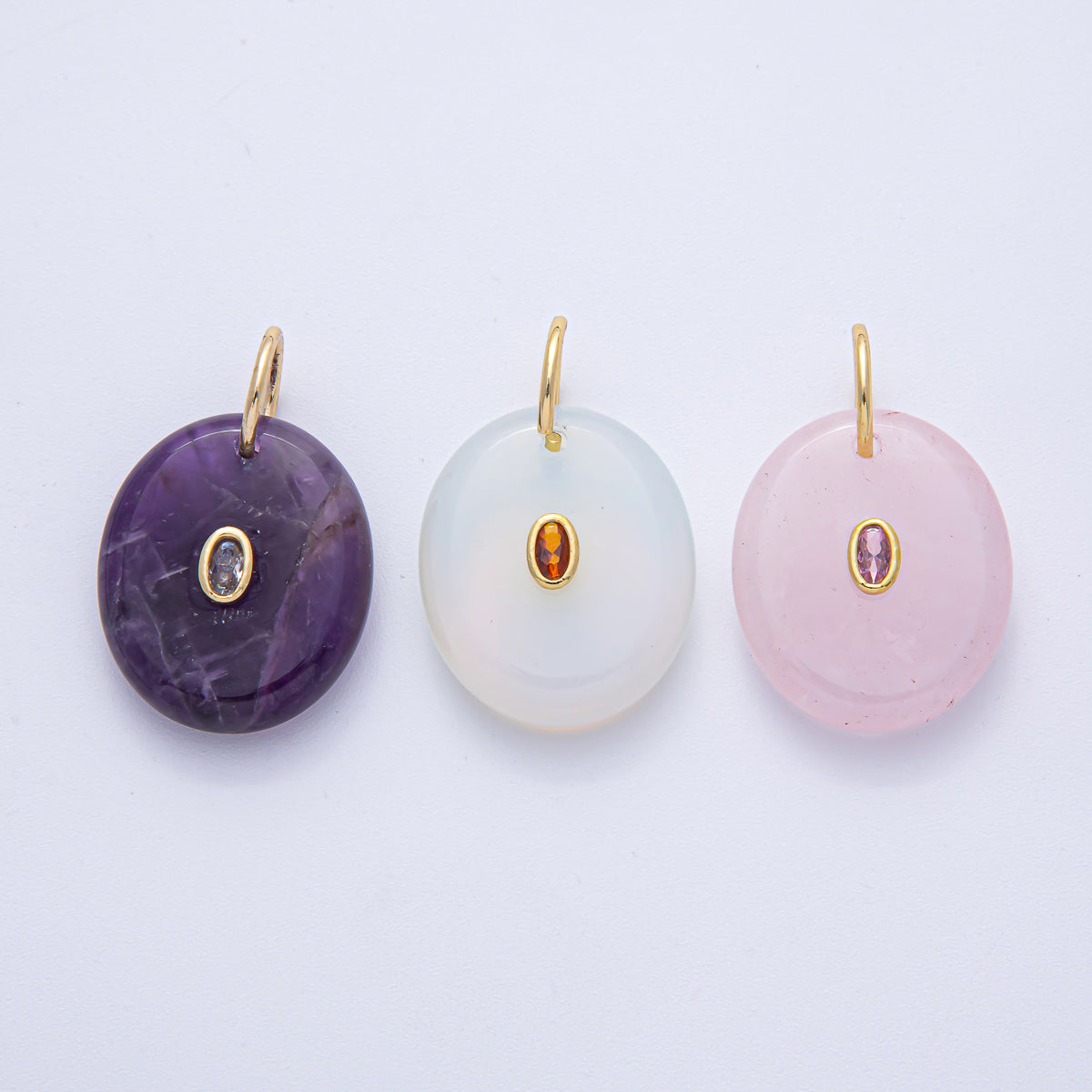18K Gold Filled 27mm CZ Embedded Rose Quartz, Clear Quartz, Amethyst Oval Gemstone Charm | AK058 AK059