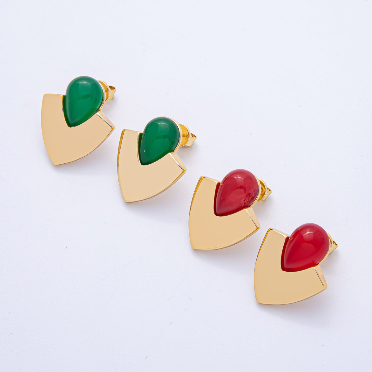 18K Gold Filled 25mm Green, Red Gemstone Geometric Stud Earrings | AD1682 AD1683
