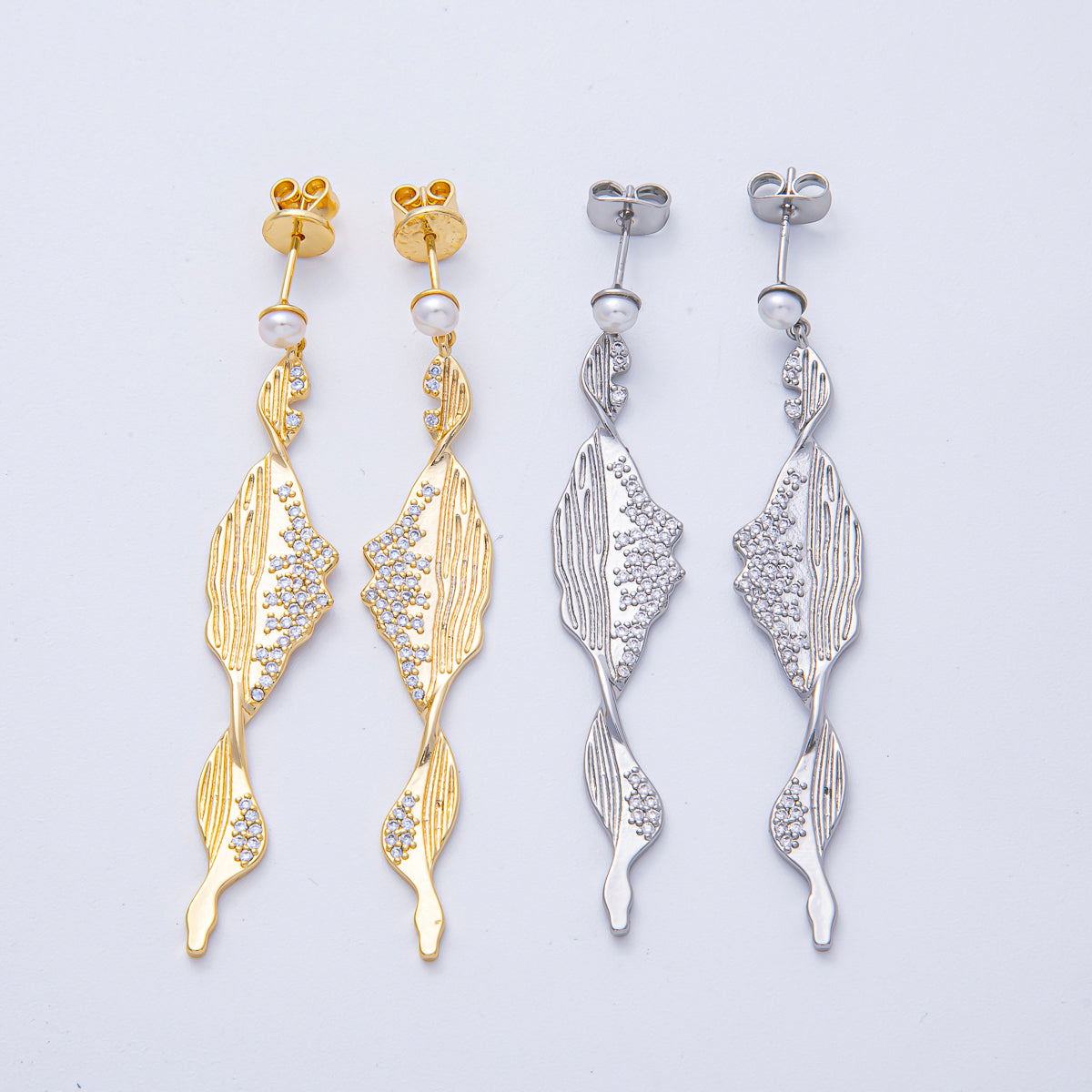 18K Gold Filled Shell Pearl Micro Paved CZ Lined Geometric Drop Stud Earrings in Gold & Silver | AD1680 AD1681