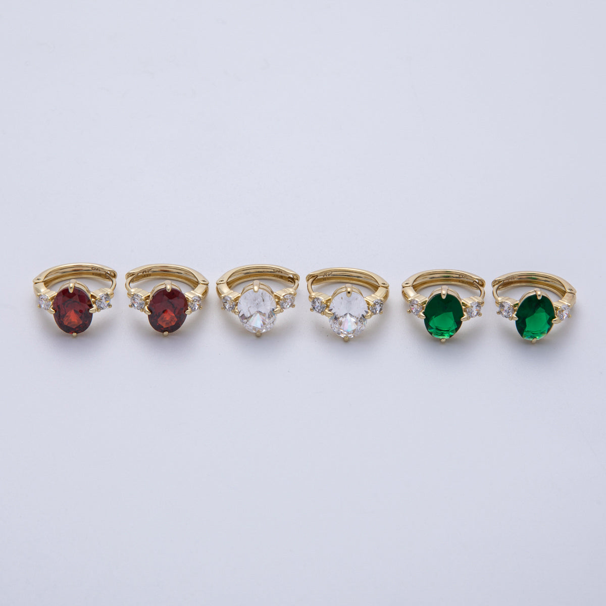 14K Gold Filled 15mm Clear, Green, Red Oval Solitaire CZ Huggie Earrings | Earrings-00145 ~ Earrings-00147