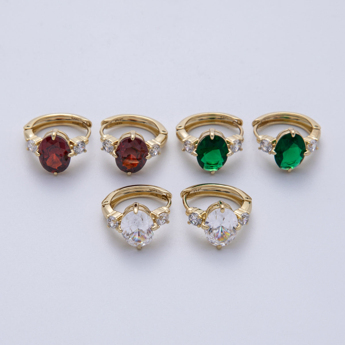 14K Gold Filled 15mm Clear, Green, and Red Oval Solitaire CZ Hoop Earrings | Earrings-00145 - Earrings-00147
