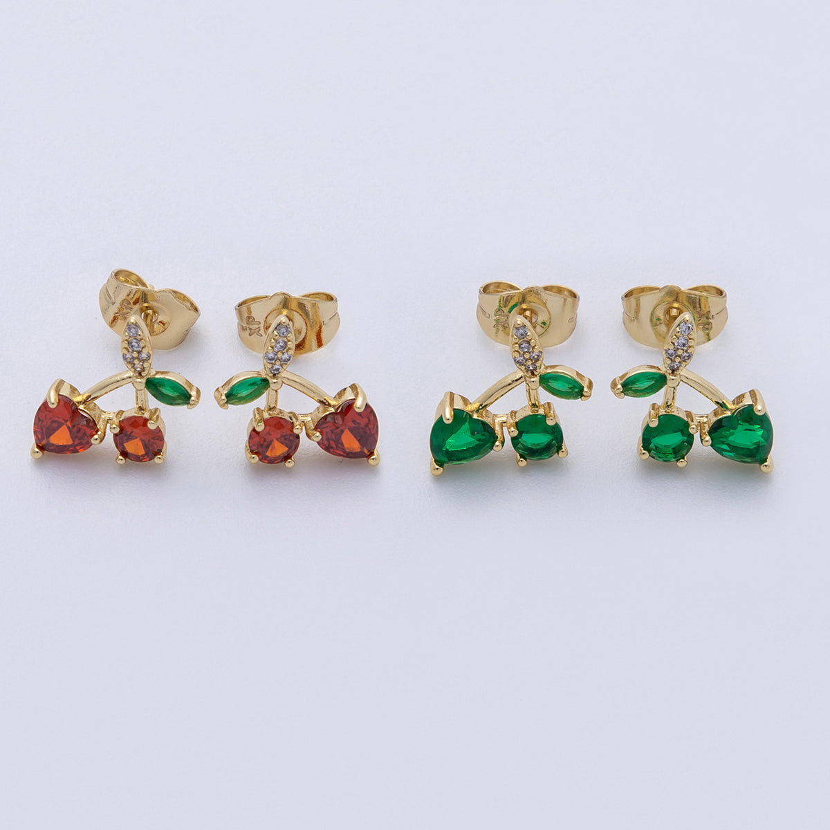 14K Gold Filled 12.5mm Red, Green CZ Cherry Fruit Stud Earrings | Earrings-00025 Earrings-00036