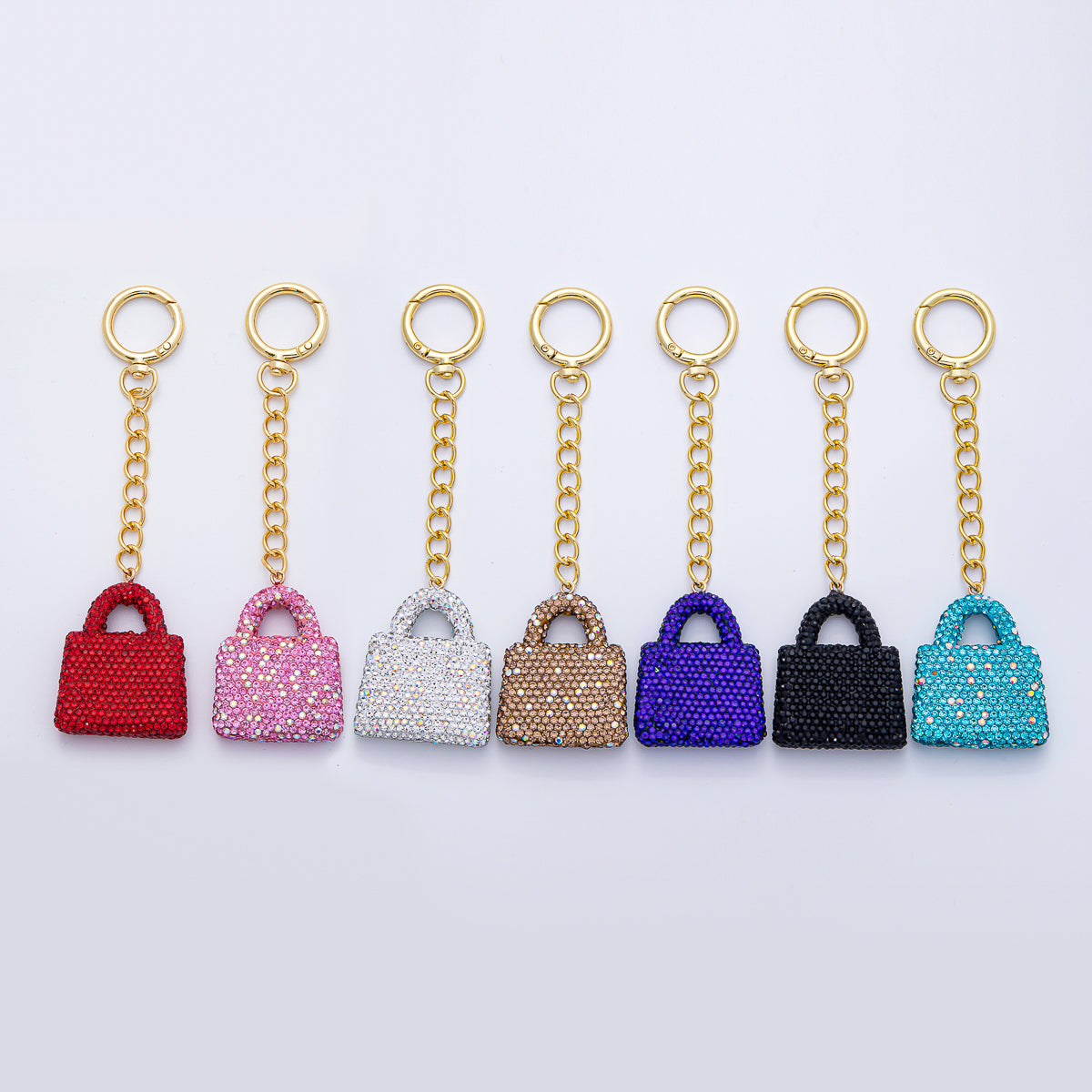 18K Gold Filled Black, Brown, White, Blue, Red, Pink Bedazzled Purse Bag Charm Keychain Push Gate Key Ring Accessories | WB-00258 ~ WB-00264